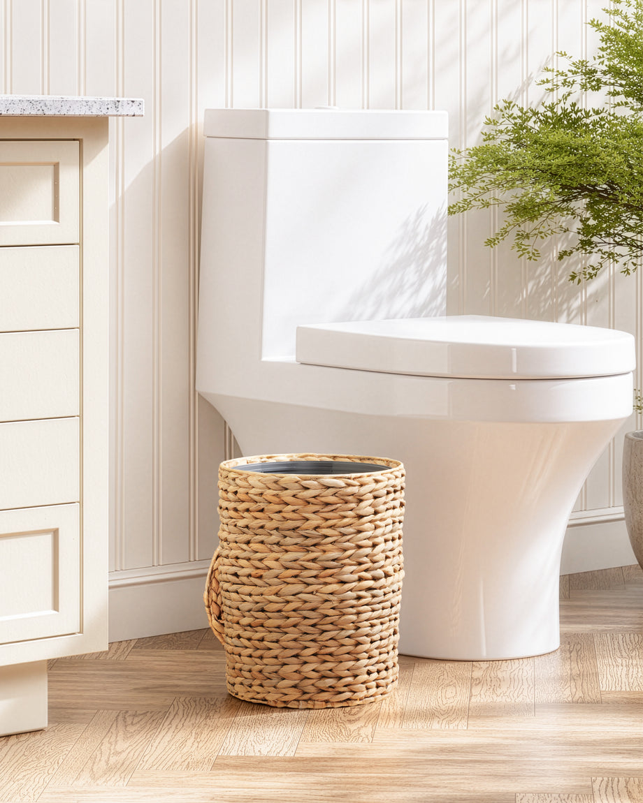 White toilet in a bathroom with a woven trash can and a plant.