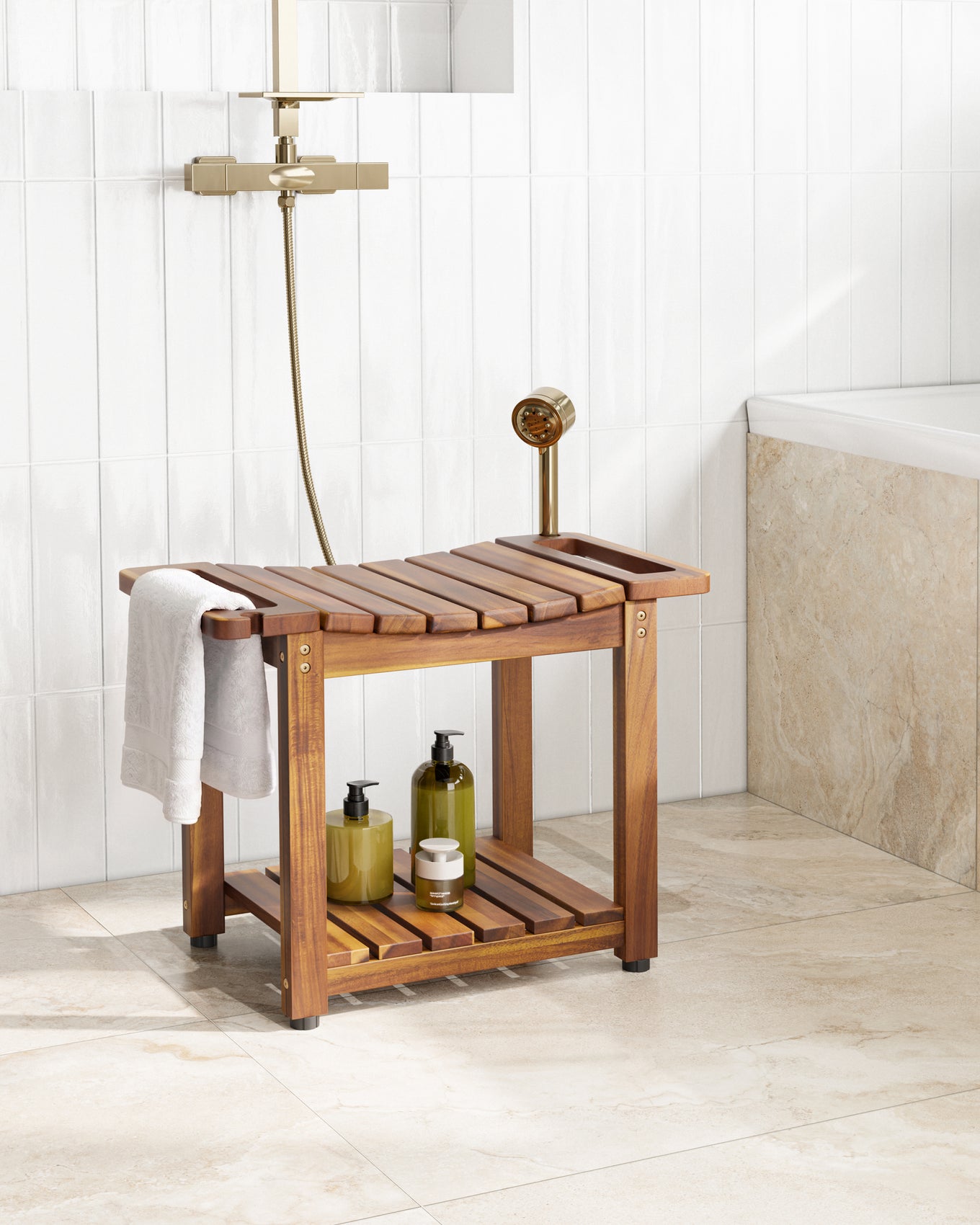 BLUEWEST Acacia Shower Bench Seat with Storage Shelf