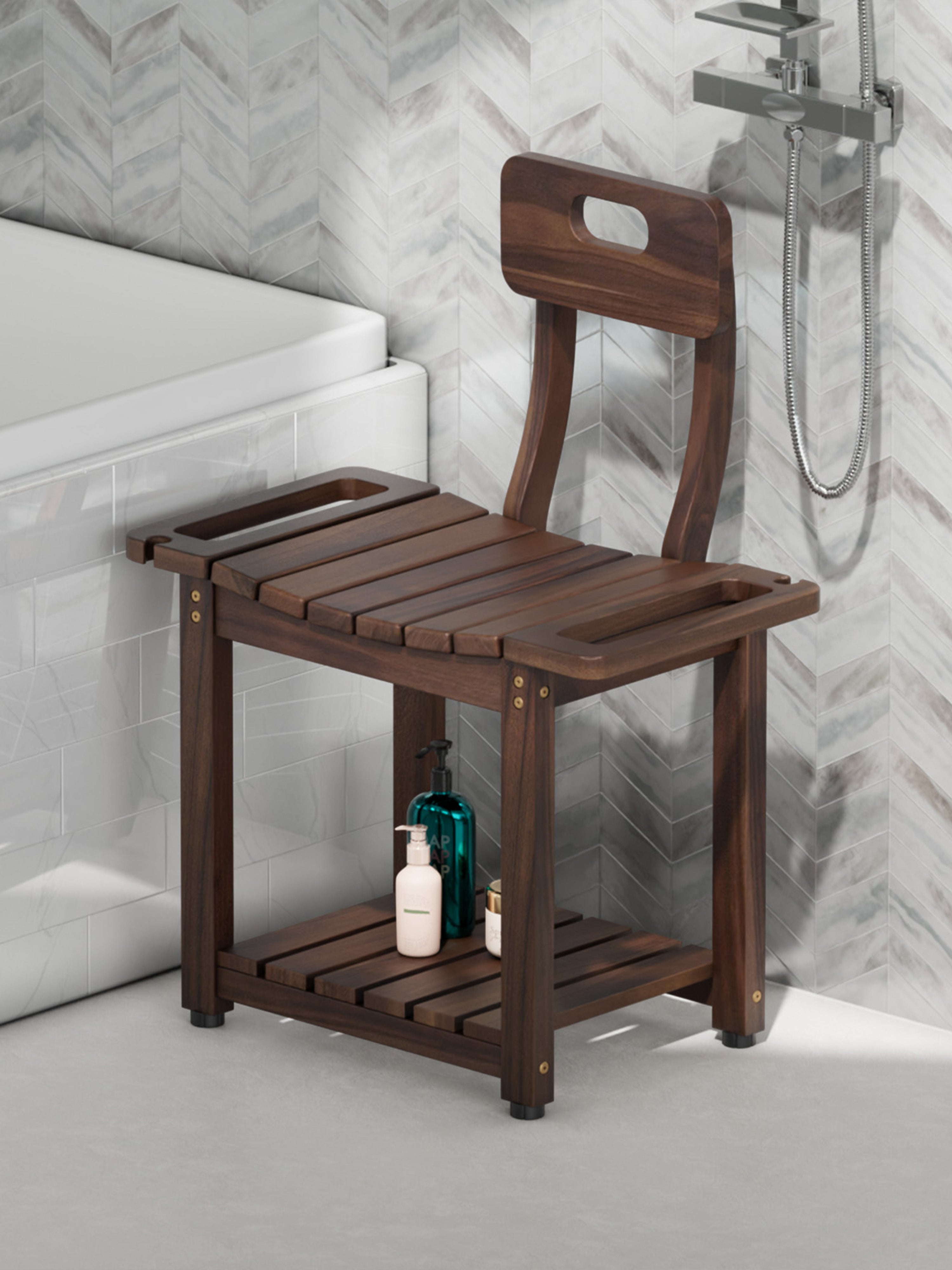Wooden shower bench with a shelf in a bathroom setting