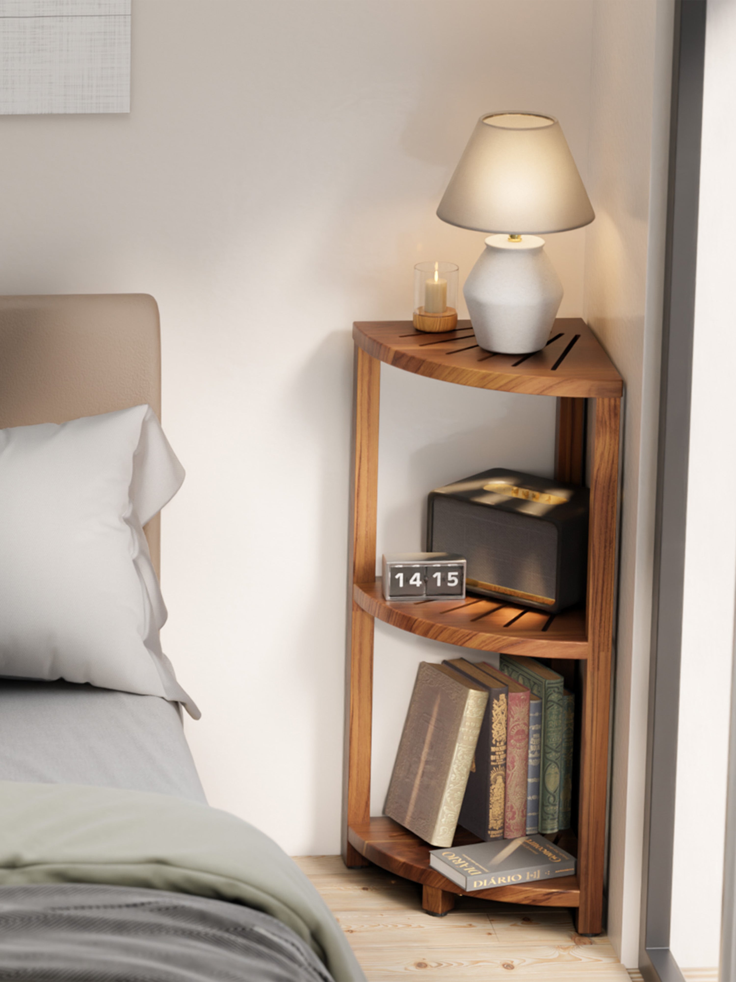 Wooden corner shelf with books and a lamp in a bedroom setting