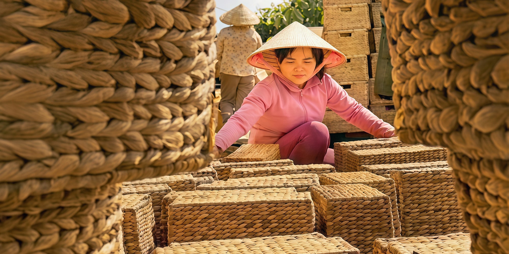 Child in a pink outfit and conical hat sitting among woven baskets in a rural setting