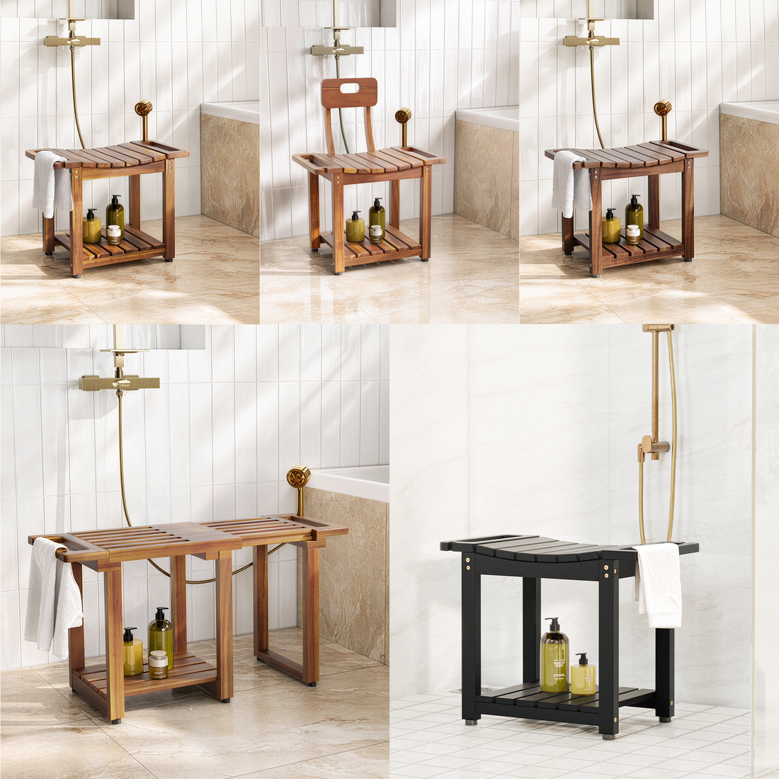 A five-panel collage showing a wooden bathroom bench and shelf in different color and configuration options, placed in a tiled bathroom setting with a bathtub, shower fixture, and bath bottles.