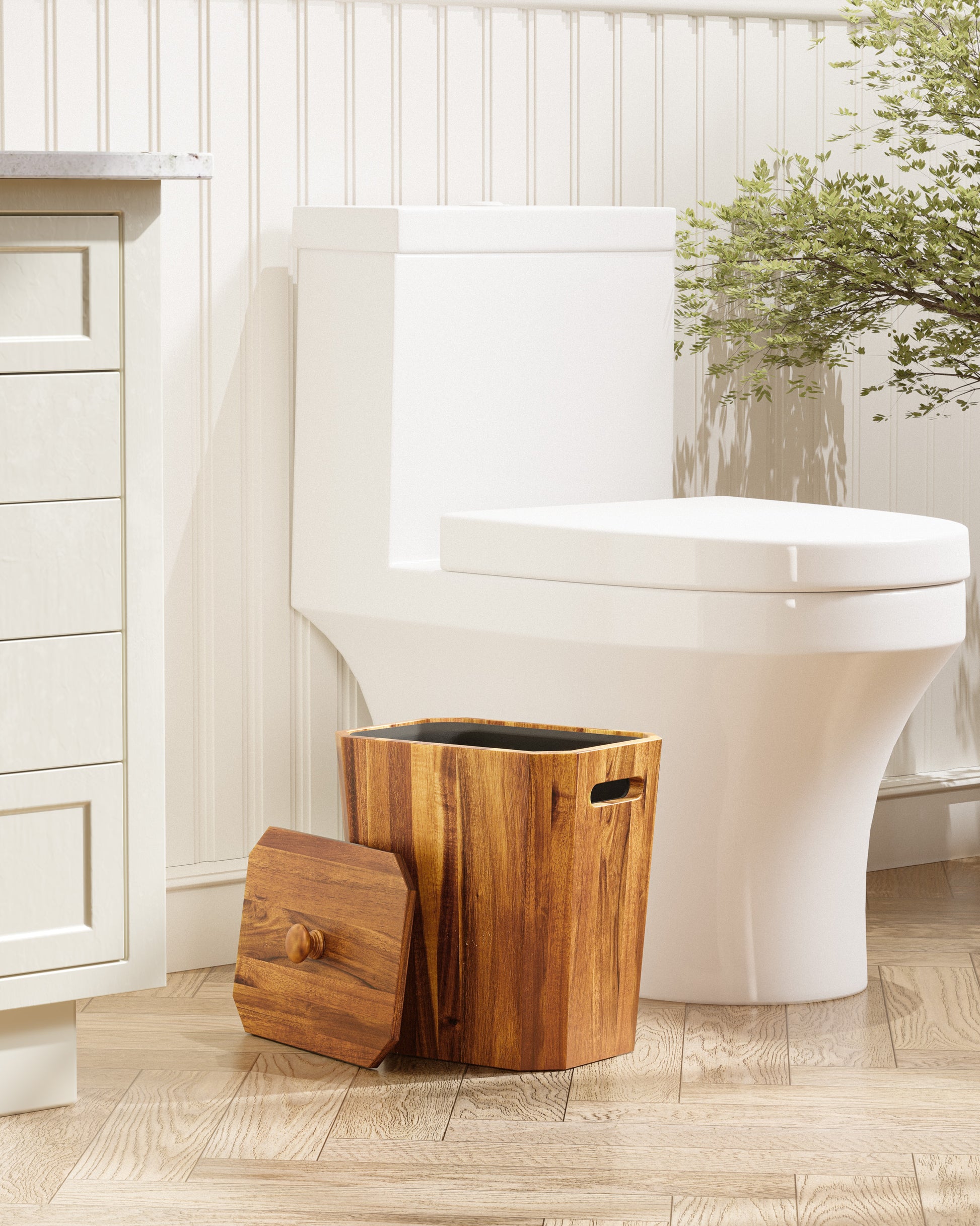 BLUEWEST 2.6 Gallons Acacia Wooden Wastebasket with Lid & PP Liner