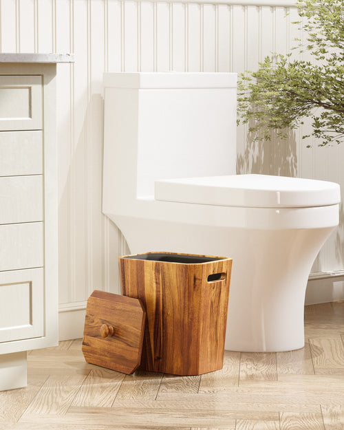 BLUEWEST 2.6 Gallons Acacia Wooden Wastebasket with Lid & PP Liner