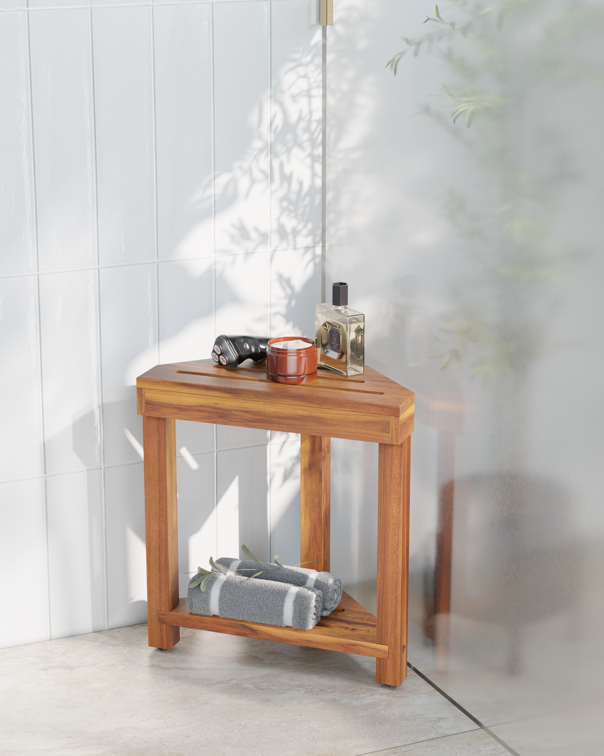 Wooden shower bench with items on top in a bathroom setting