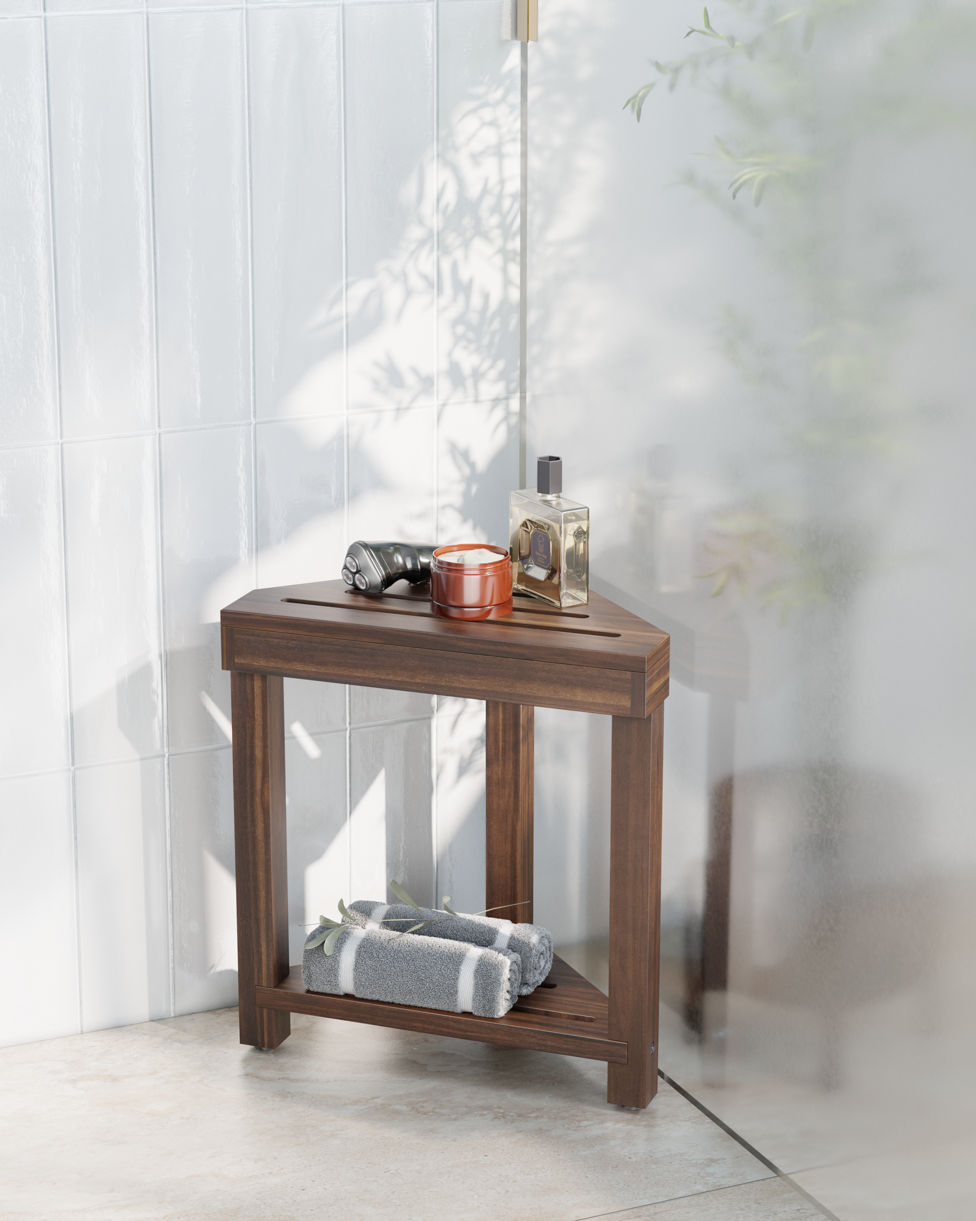 Wooden stool with items on it in a bathroom setting