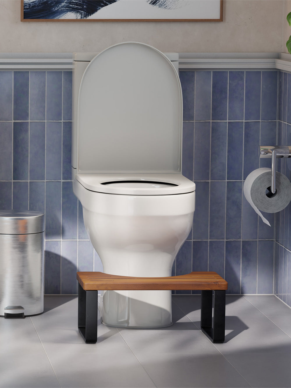 White toilet with a wooden bench in a bathroom setting