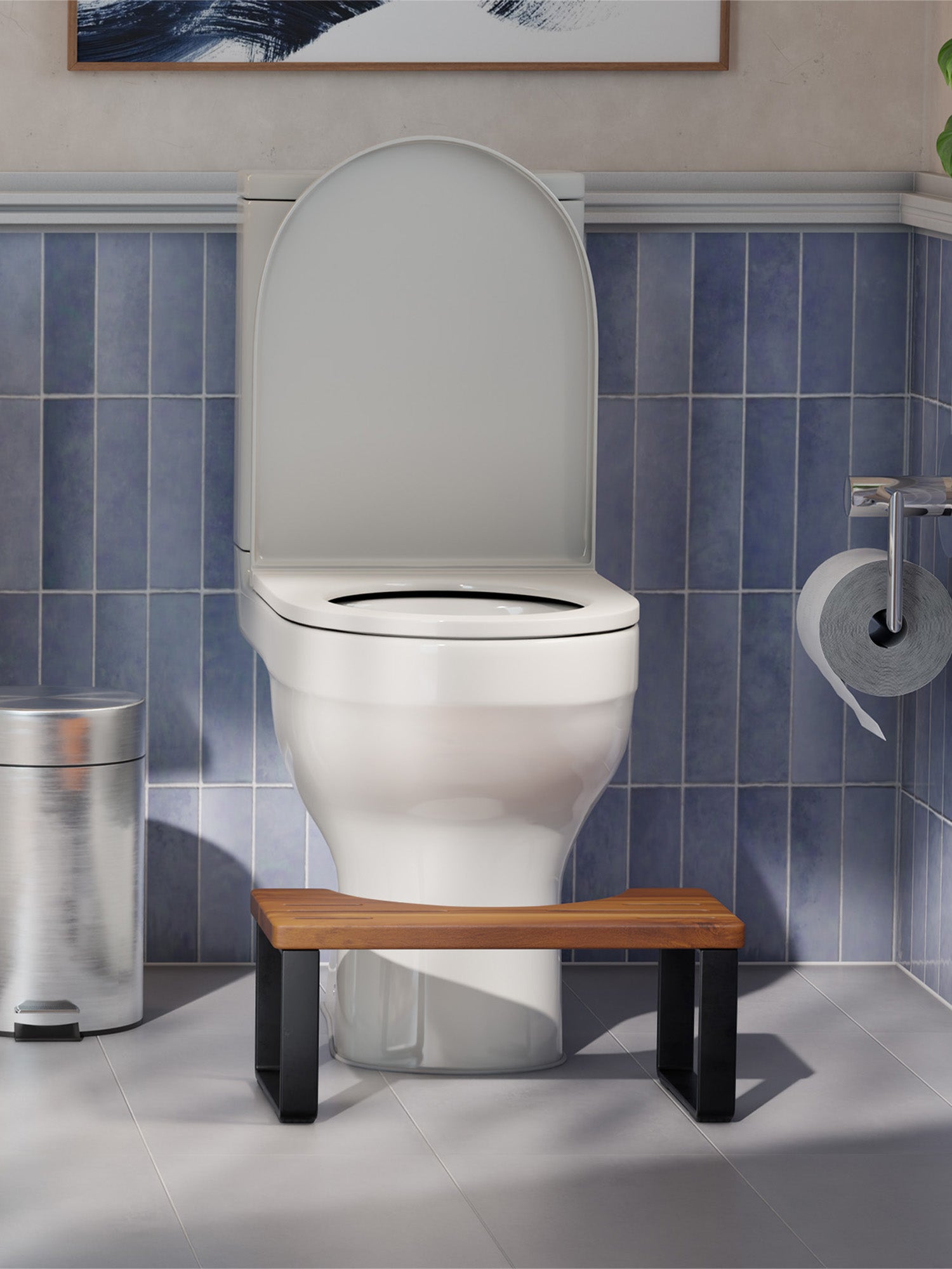 White toilet with a wooden bench in a bathroom setting
