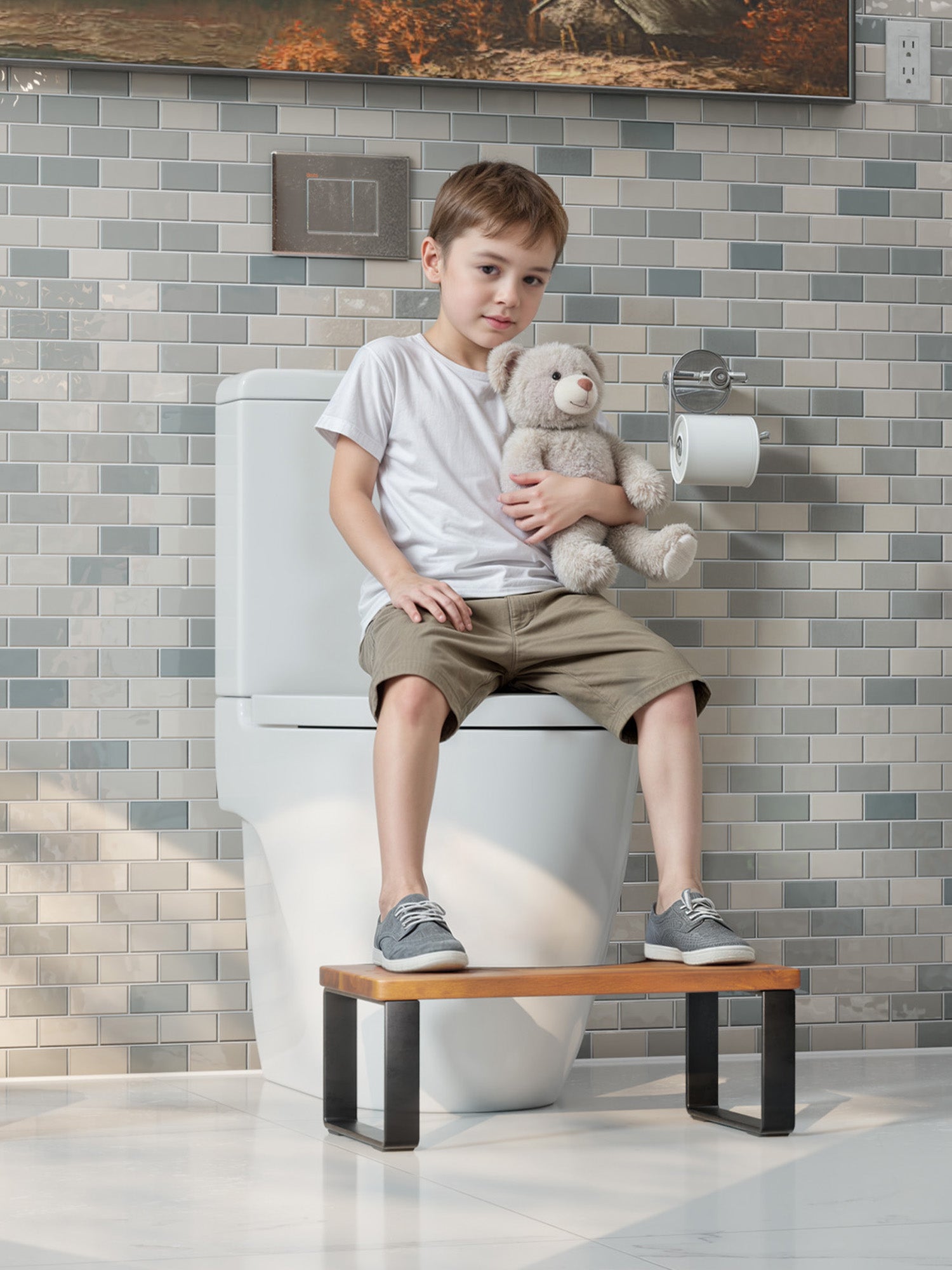 Child sitting on a toilet with a teddy bear, holding a wooden stool.
