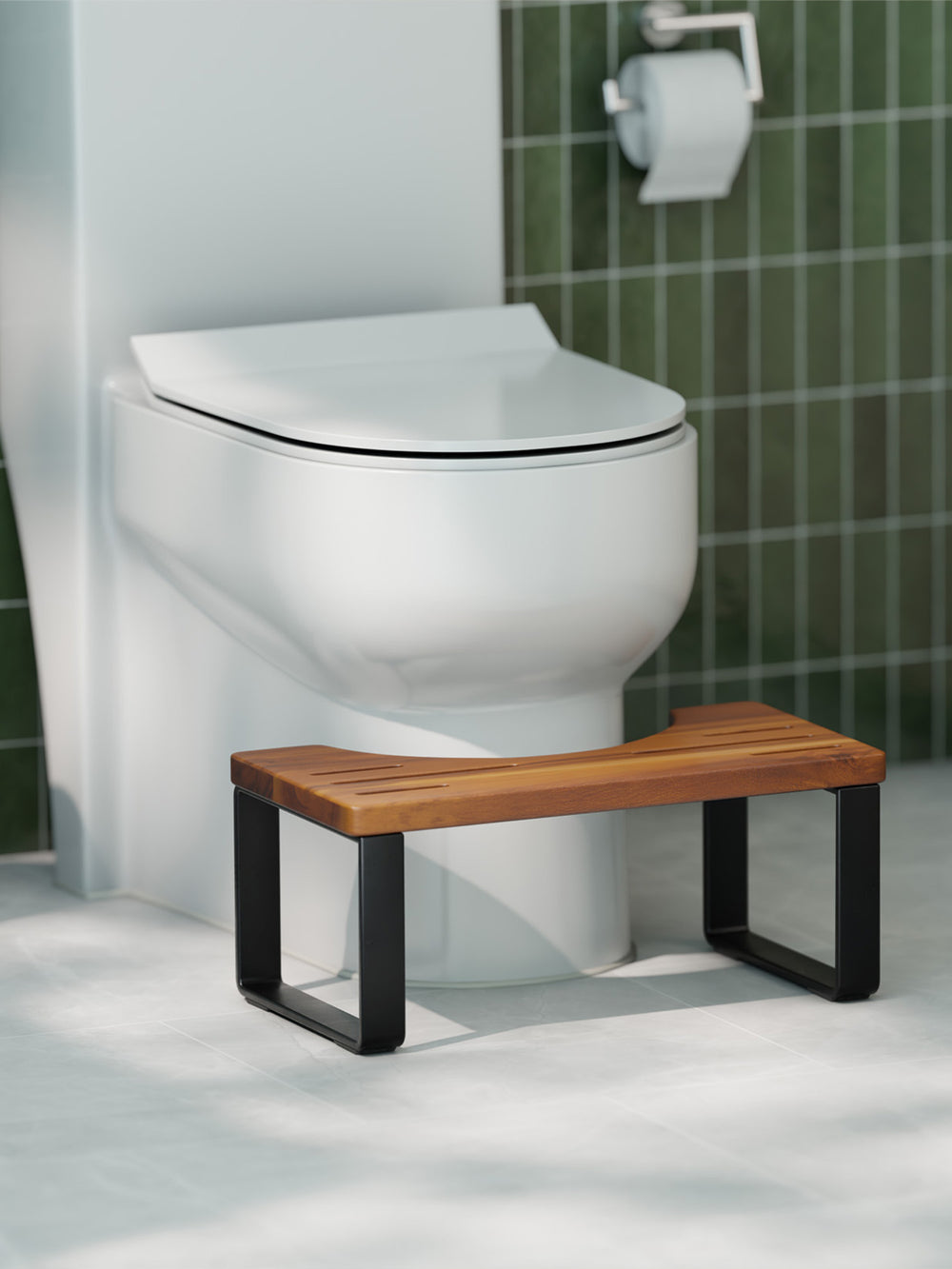 White toilet with a wooden step stool in a bathroom setting