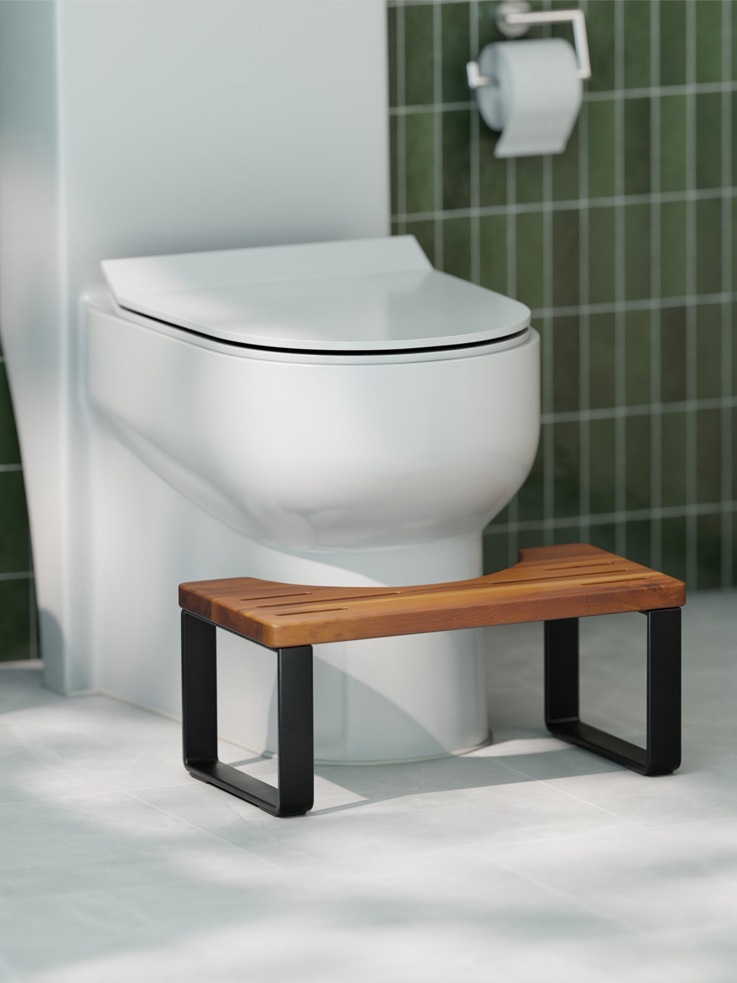 White toilet with a wooden step stool in a bathroom setting