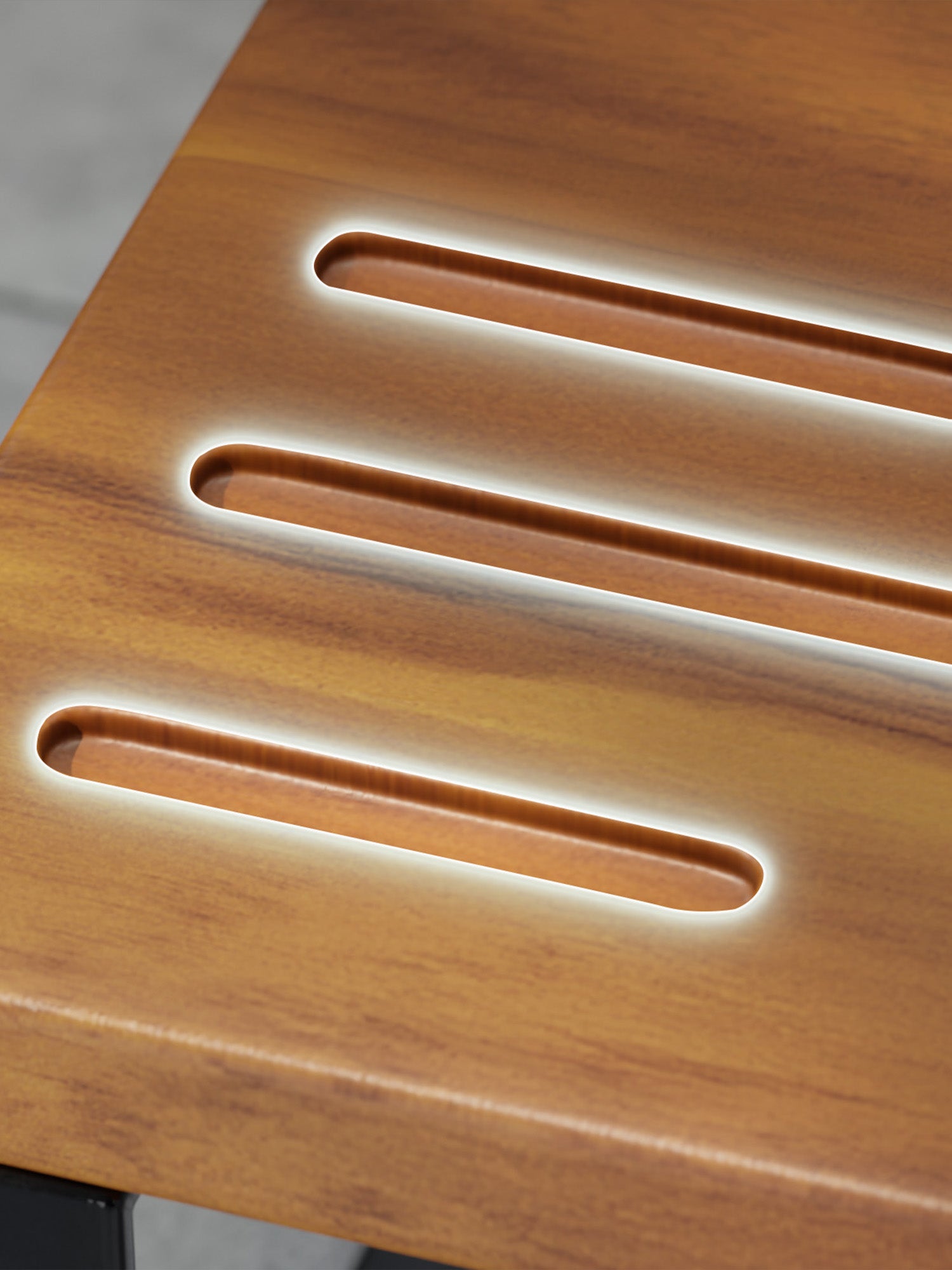 Wooden stool with slatted design on a blurred background