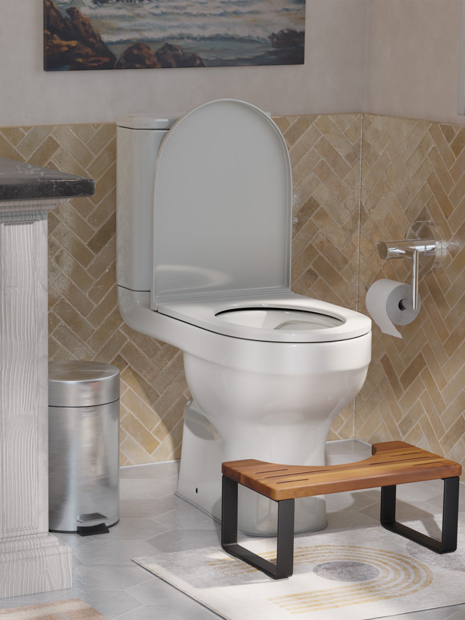 White toilet with a wooden stool in a bathroom setting.