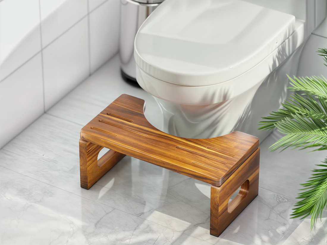Wooden step stool in front of a toilet in a bathroom setting