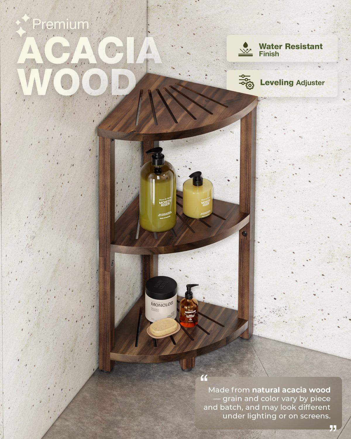 A corner three-tier shower shelf made of premium acacia wood, shown in a bathroom corner with toiletries on the shelves. The image includes text overlays highlighting features like 'Premium ACACIA WOOD', 'Water Resistant Finish', and 'Leveling Adjuster'.