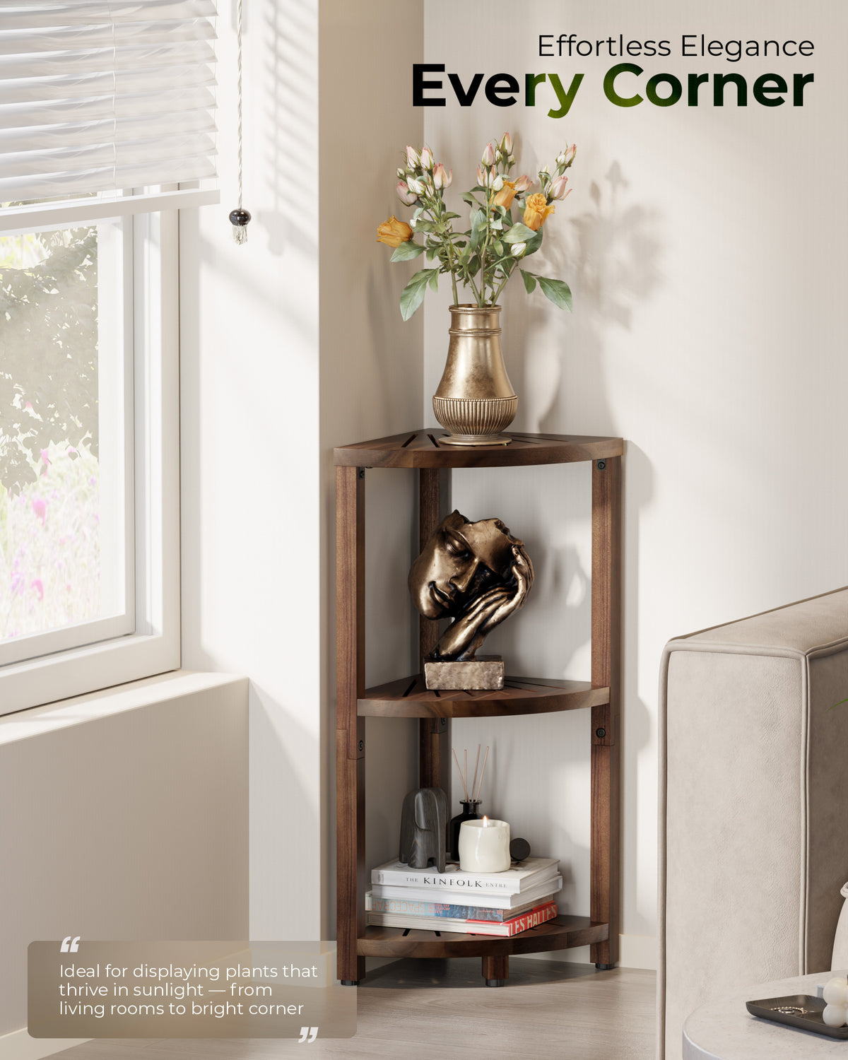 A corner wooden shelf with three tiers, styled with a gold vase of flowers, a bronze sculpture, and books, set in a bright living room corner with the text 'Effortless Elegance Every Corner'.