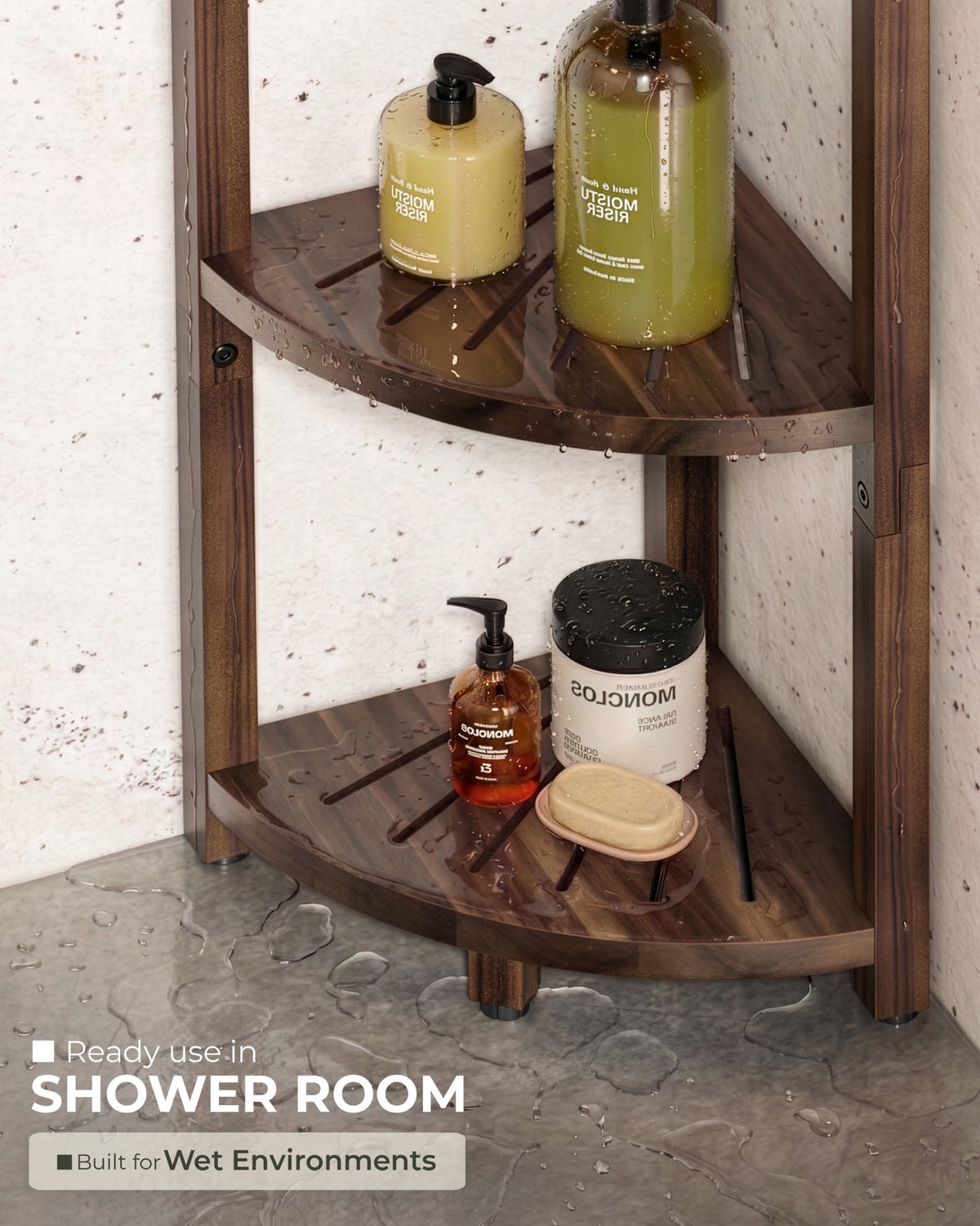 A corner shower shelf made of dark brown wood, shown holding several bath products including a large green bottle, a cream lotion bottle, an amber pump bottle, and a jar. The image is set in a bathroom corner with textured walls and floor, and includes text overlays at the bottom.