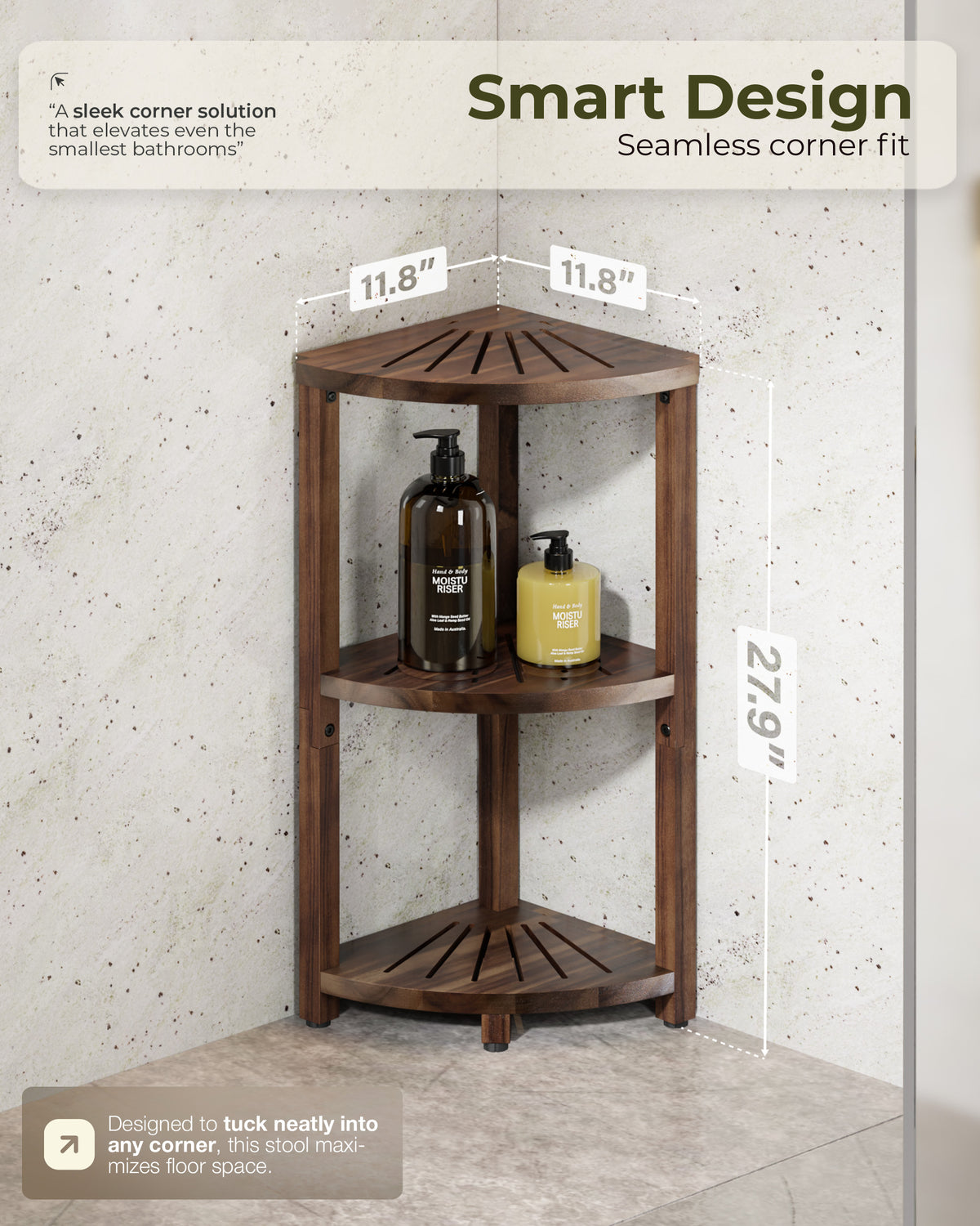 A corner bathroom shelf shown in a real bathroom corner with overlaid dimension labels (11.8 inches and 27.9" height)