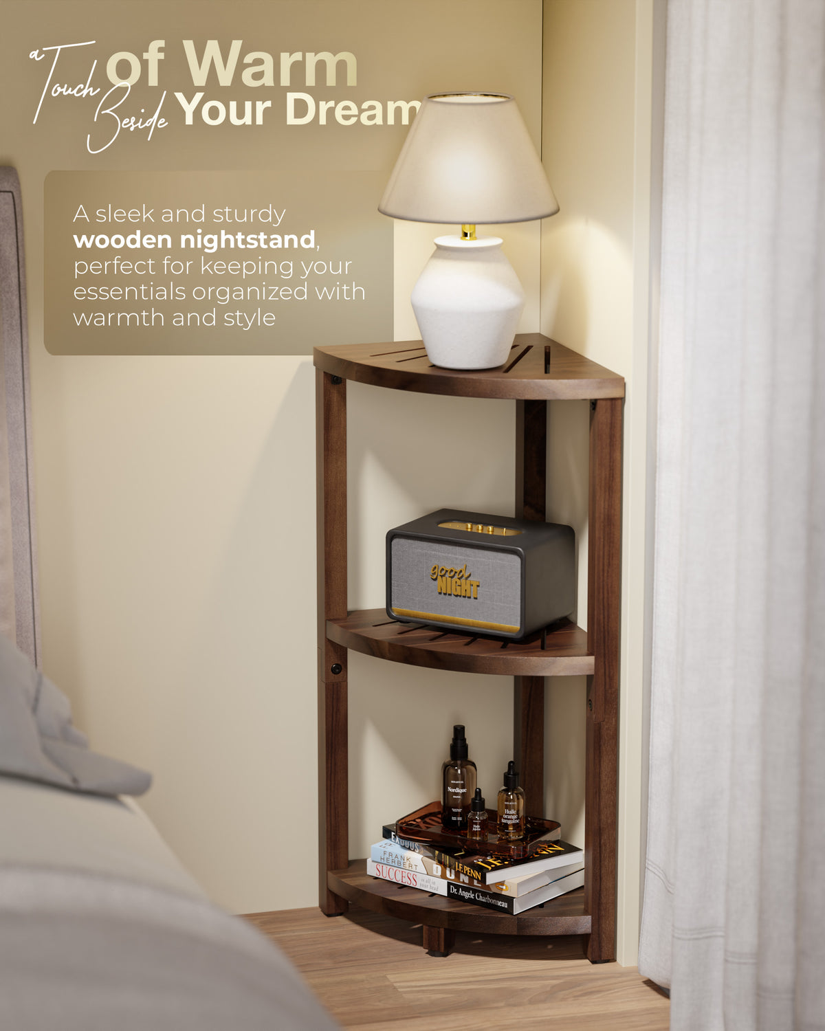 A corner wooden nightstand with three shelves, styled with a white lamp, a small speaker, and books in a bedroom corner. Text overlays describe the product features.
