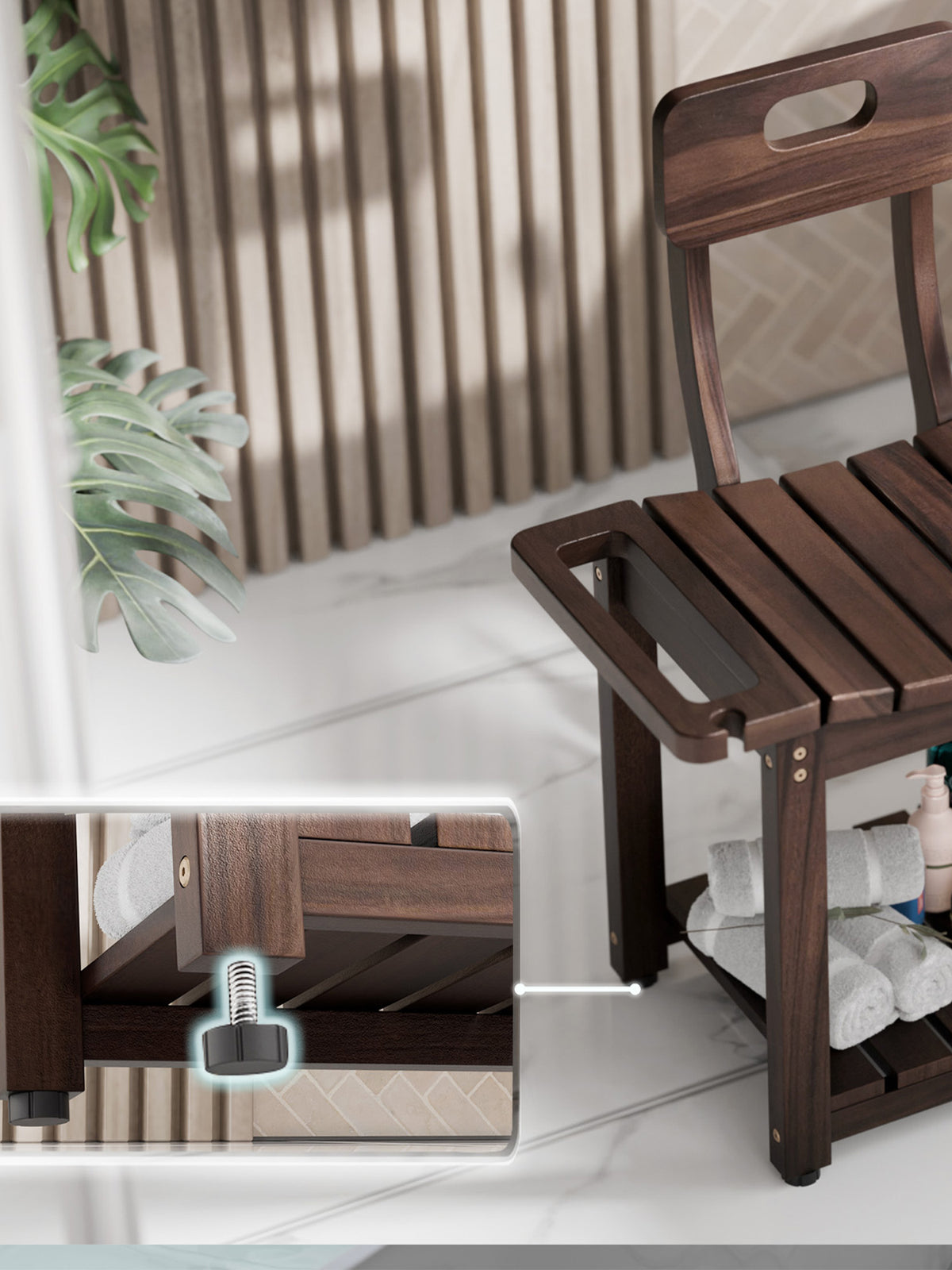 Wooden shower chair with adjustable footrest in a bathroom setting