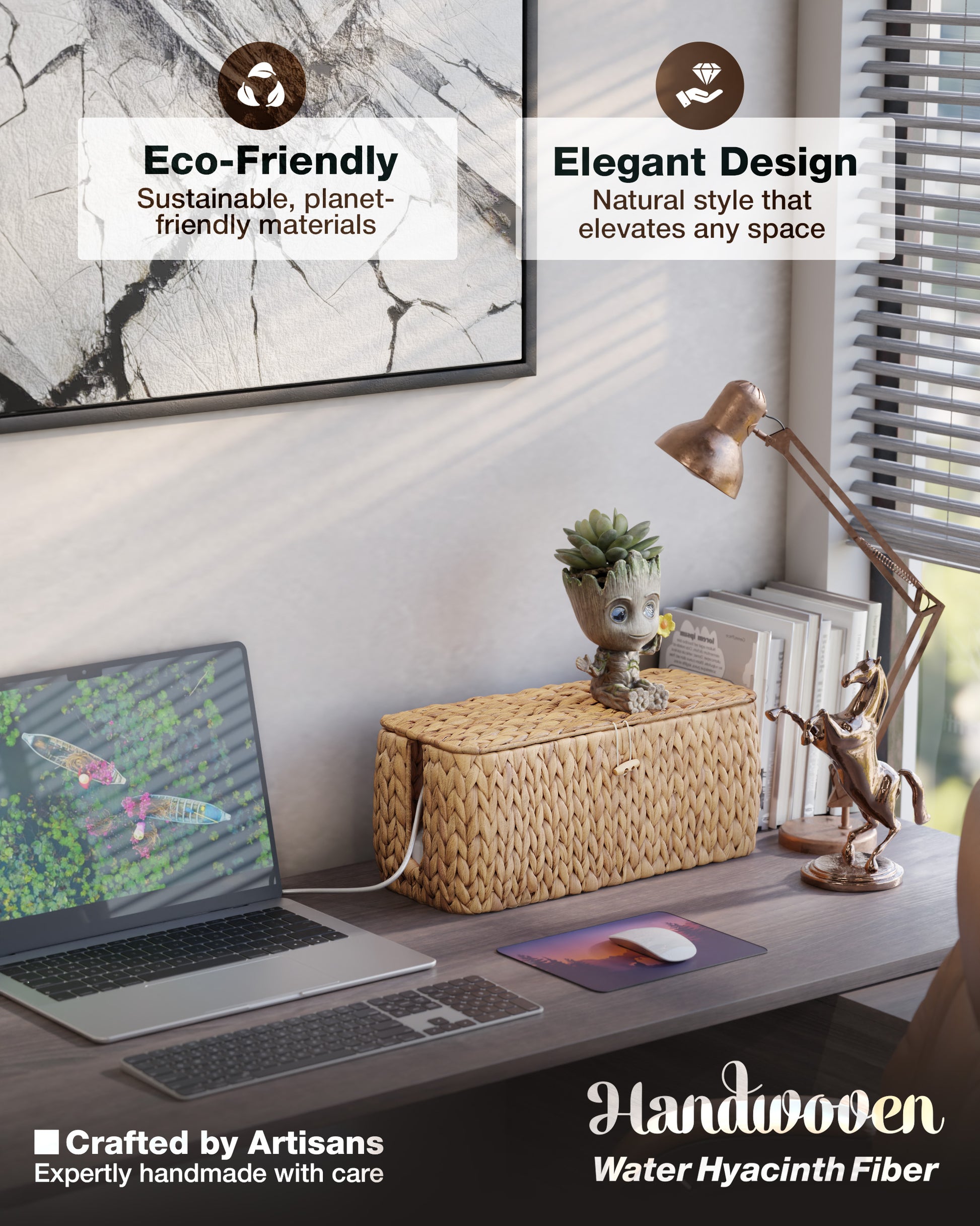 Modern office desk with laptop, decor items, and text highlighting eco-friendliness and design.
