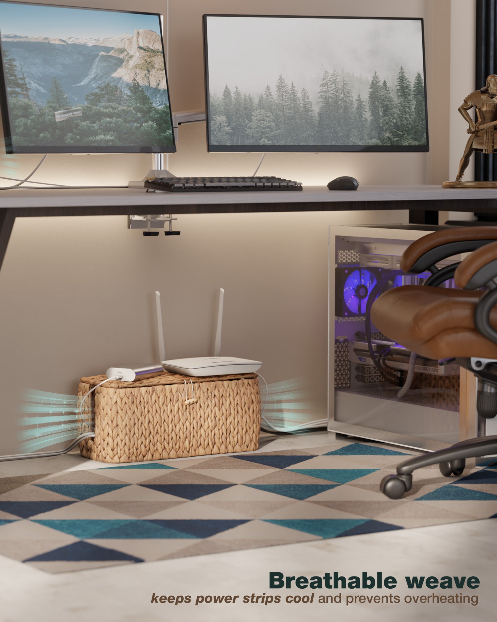 Home office setup with two monitors, a desk, and a chair on a patterned rug.