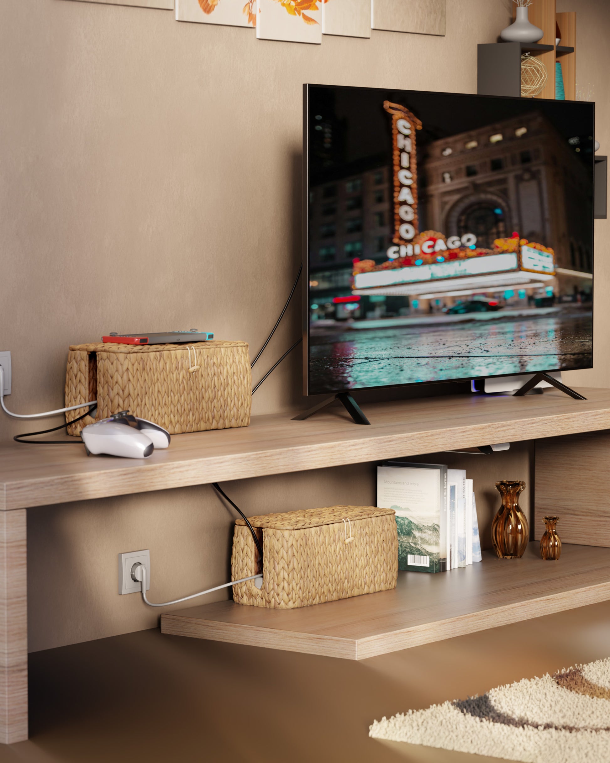 TV on a wooden shelf with decorative items in a living room setting