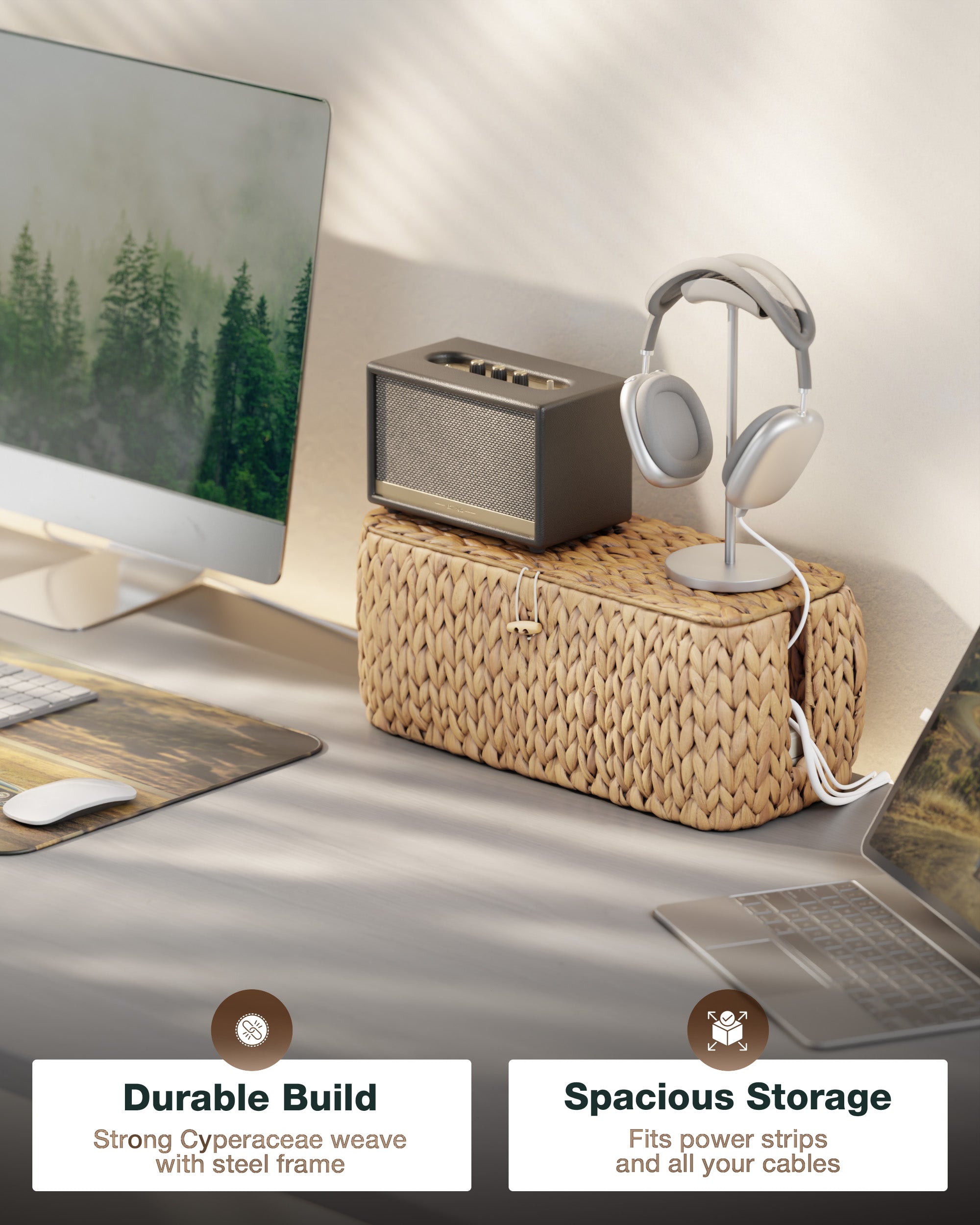 Woven storage basket with electronic devices on a desk, featuring text about durability and spacious storage.