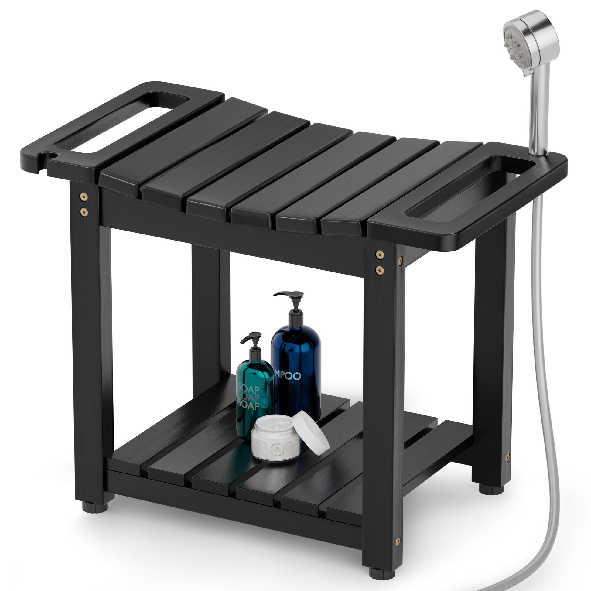 Black slatted shower bench with a built-in handheld shower attachment, shown on a white background with toiletry bottles on the lower shelf.