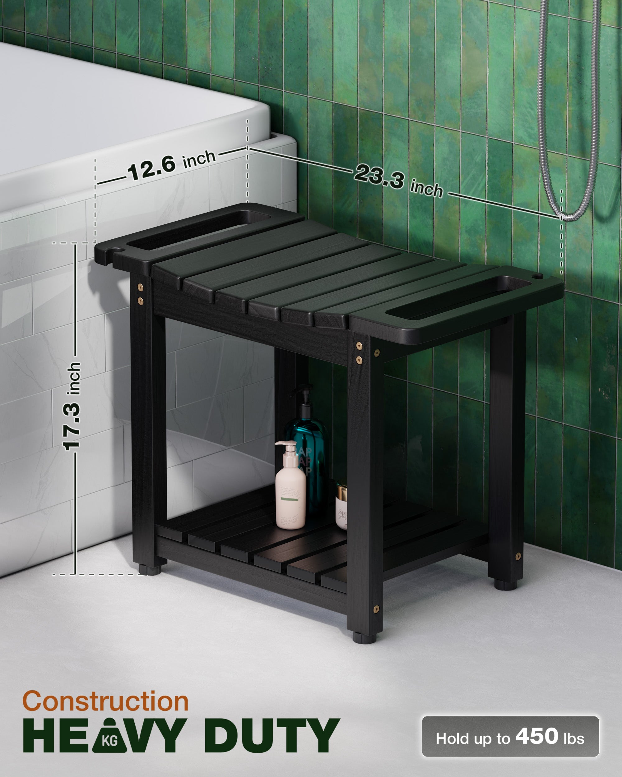 Black shower bench with measurements and capacity details in a bathroom setting.