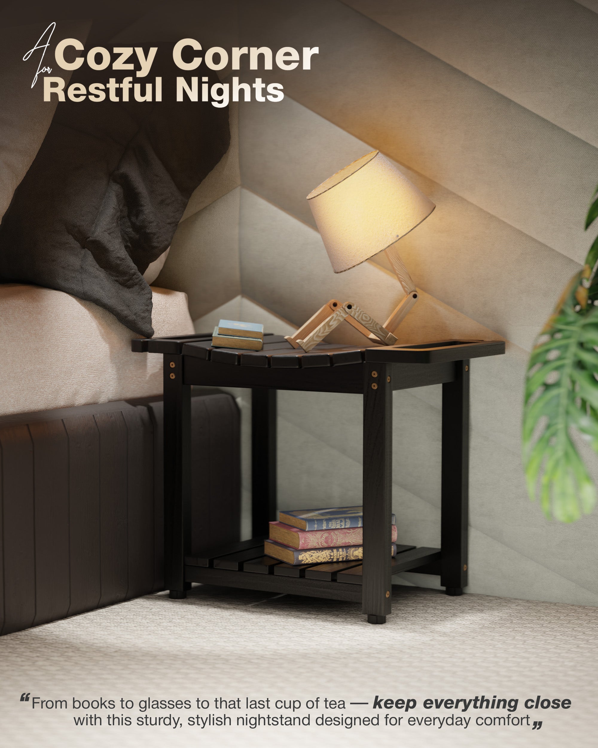 Cozy corner with a nightstand, lamp, and books against a textured wall.