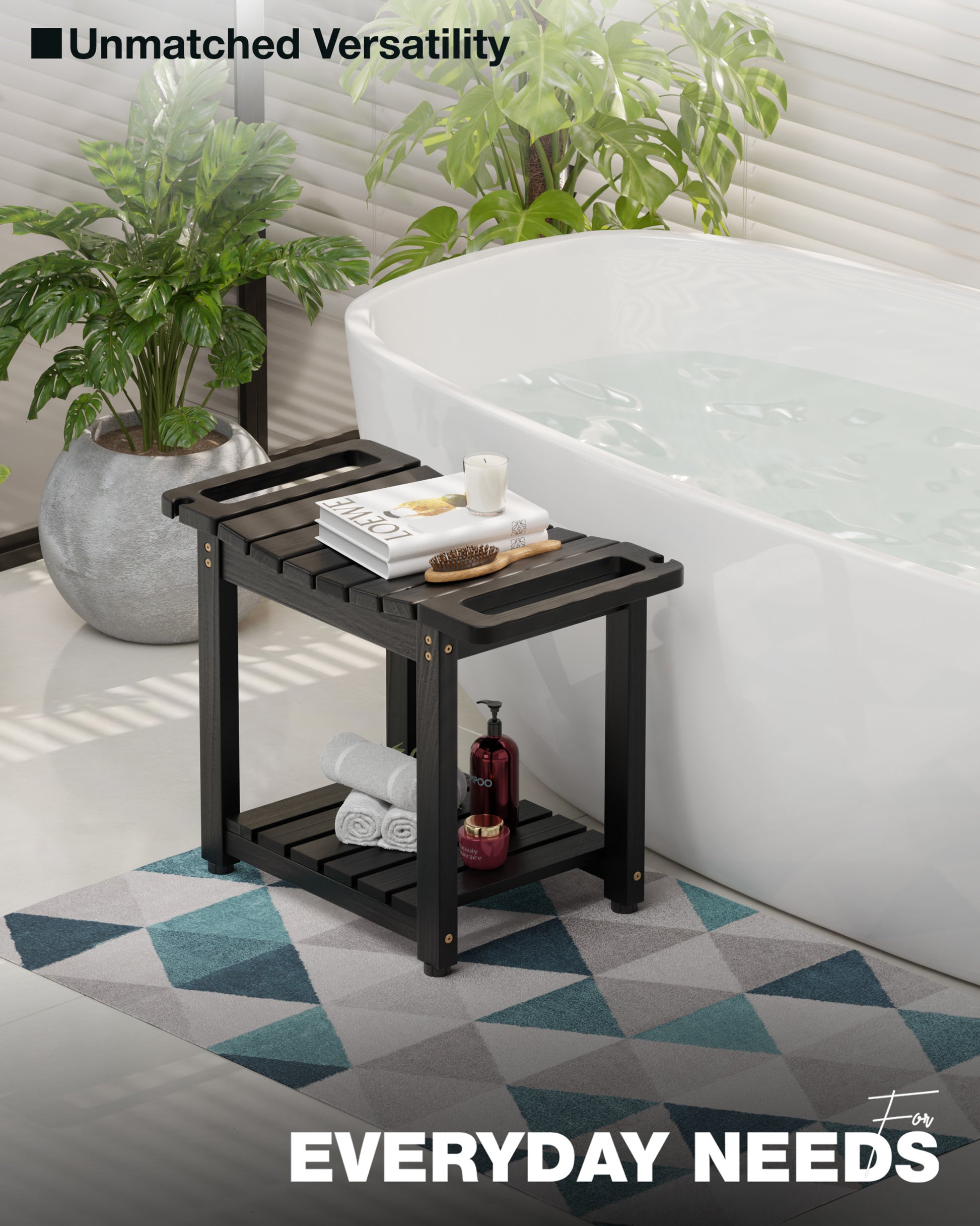 Black bathroom shelf with toiletries next to a bathtub, plants, and geometric-patterned floor.