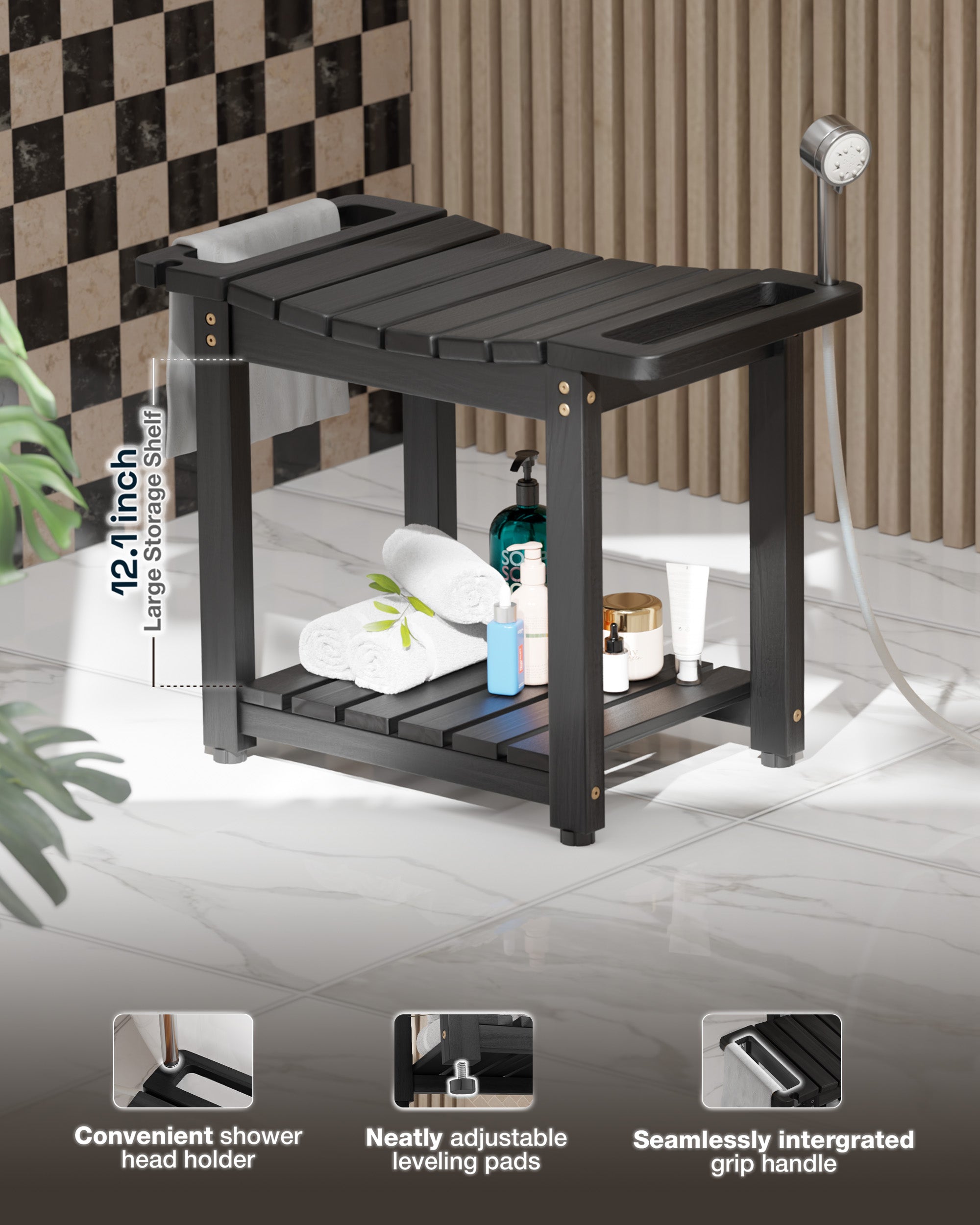 Black shower bench with storage shelves in a bathroom setting