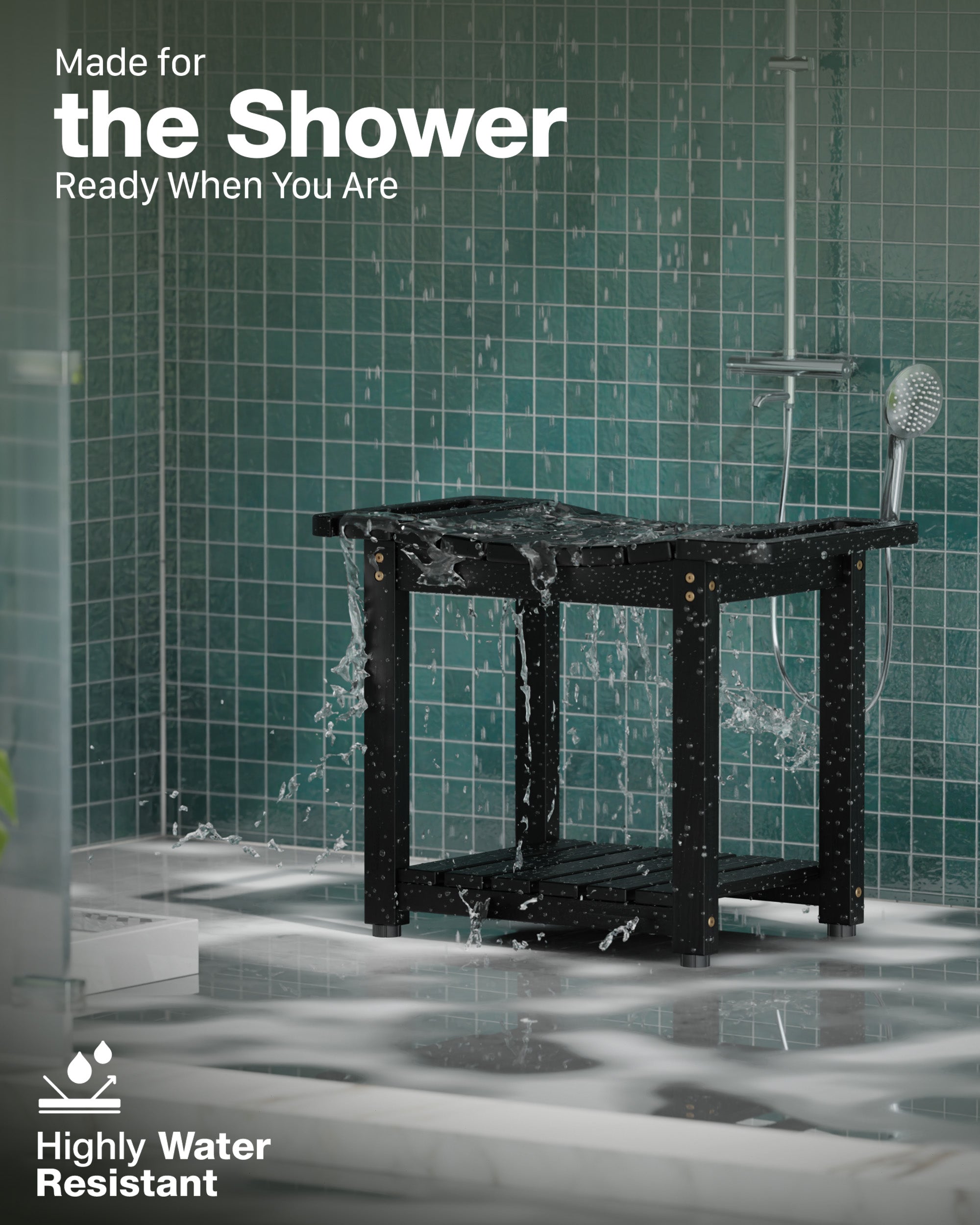 Shower area with a black marble-like bench against green tiled walls, featuring text about shower readiness and water resistance.