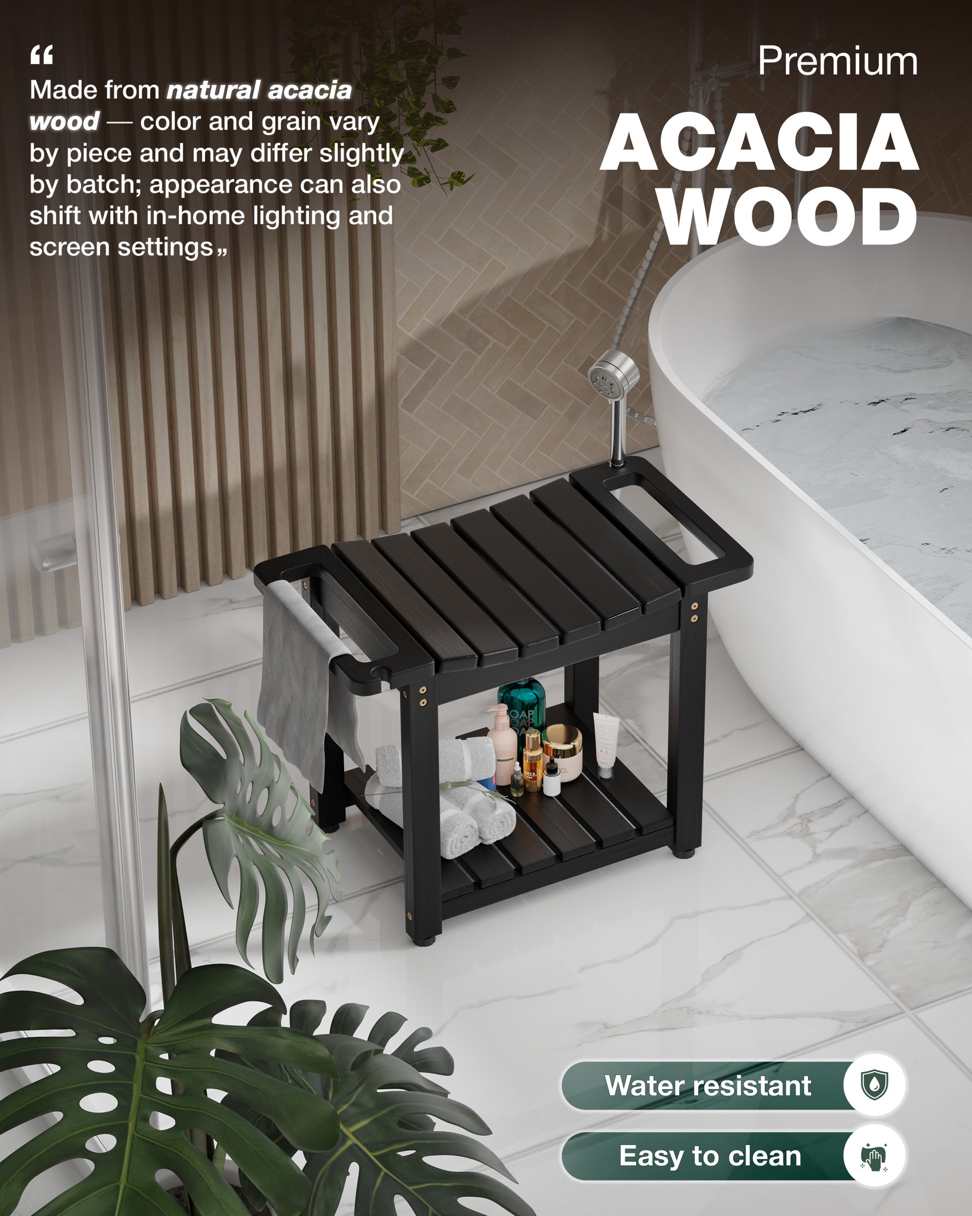 Black acacia wood shower bench with shelf in a bathroom setting, featuring text about material and features.