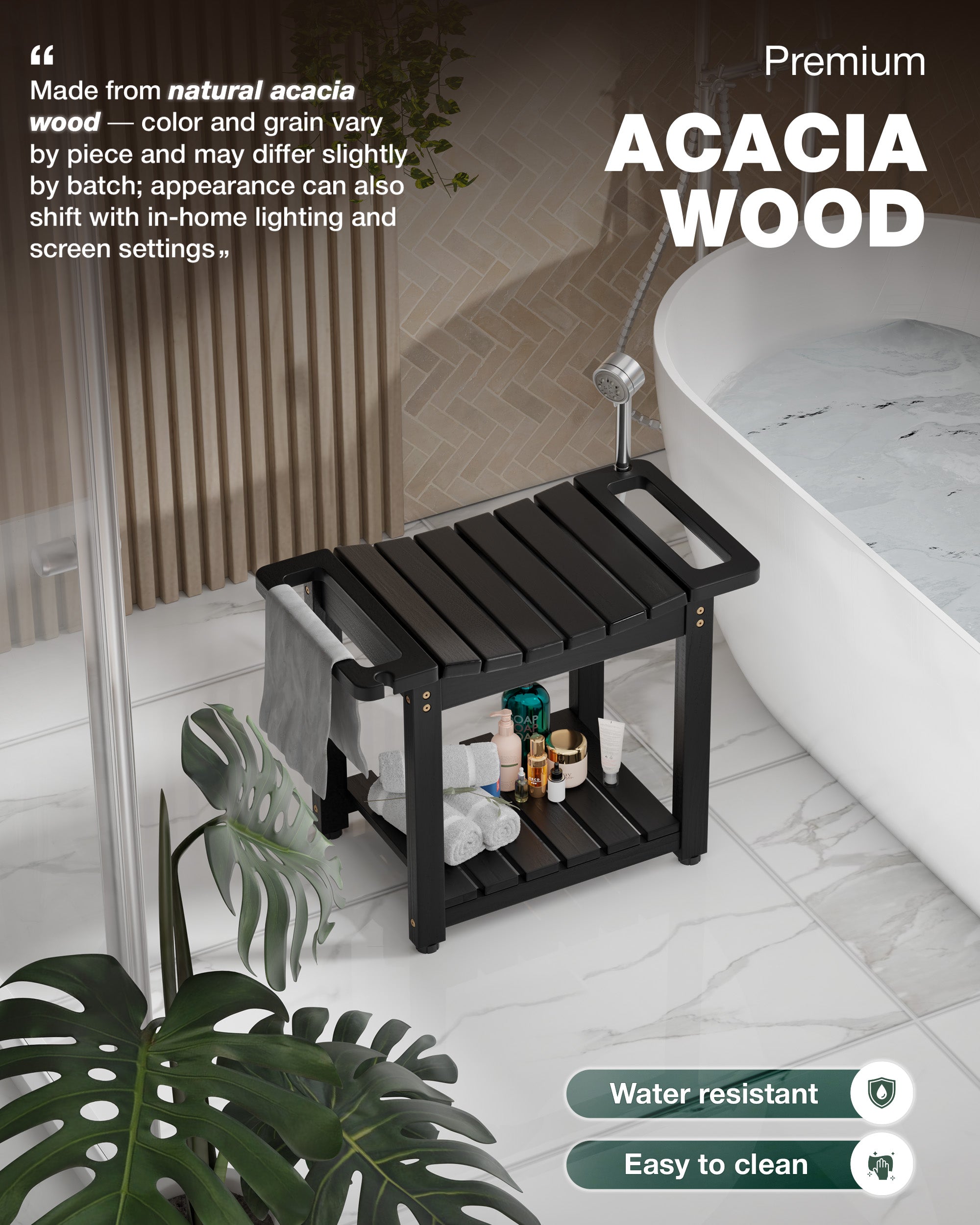 Black acacia wood shower bench with shelf in a bathroom setting, featuring text about material and features.