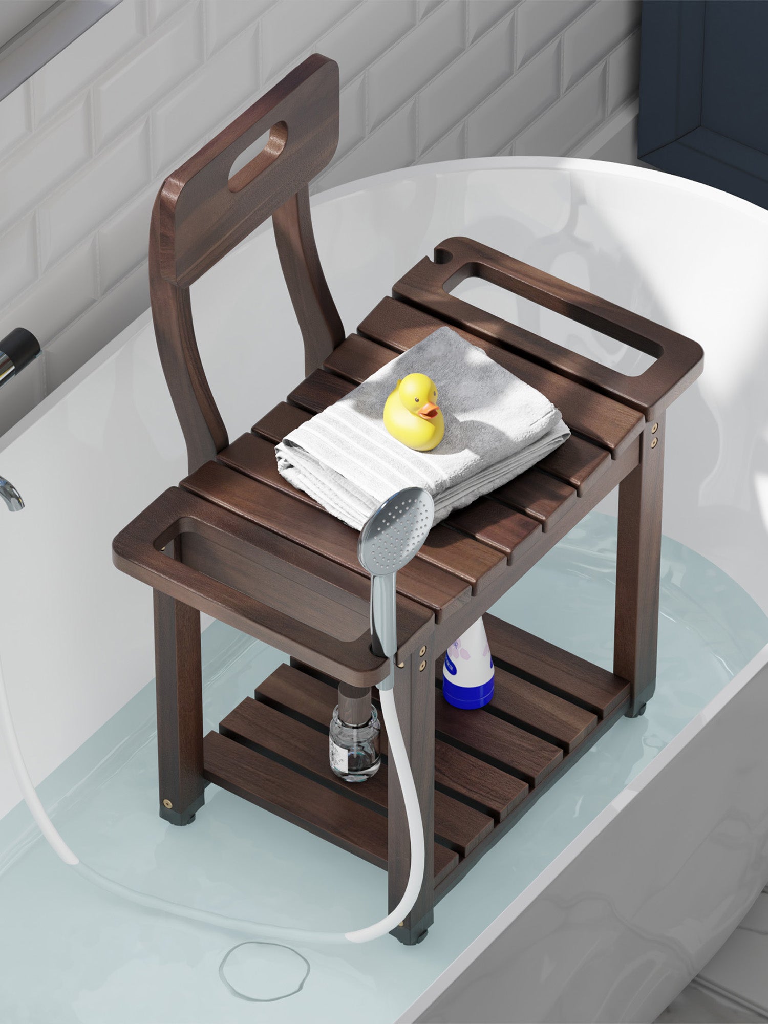 Bluewest 23.4 in Shower Chair with Backrest, 450 lb Support - Walnut finish