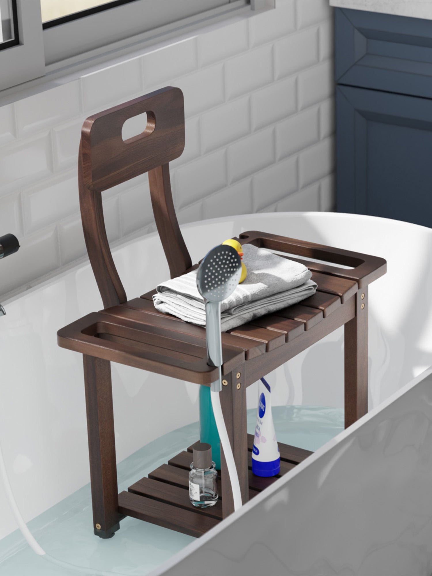 Bluewest 23.4 in Shower Chair with Backrest, 450 lb Support - Walnut finish