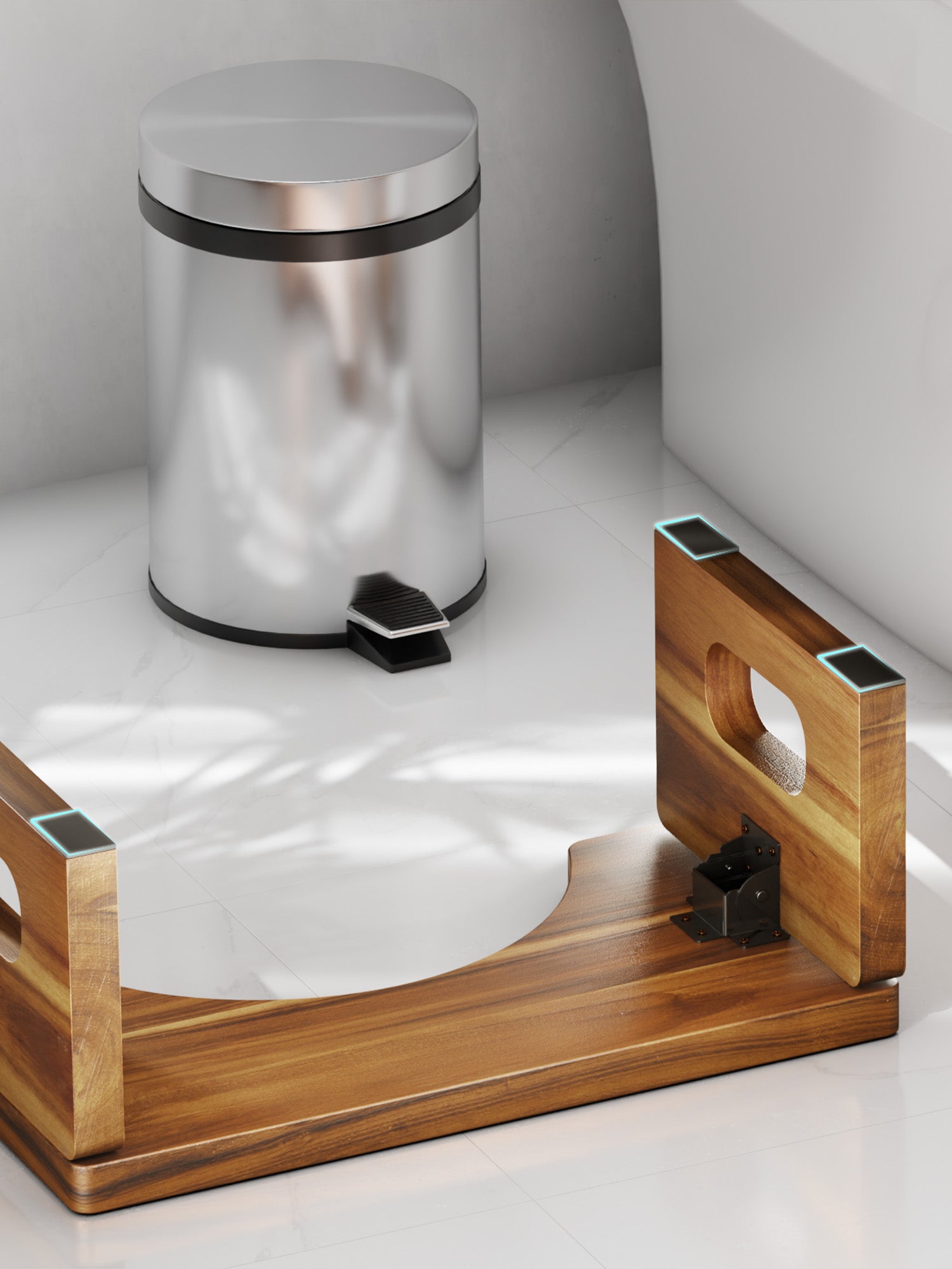 Wooden tray with square cutouts on a white surface next to a metallic trash can.