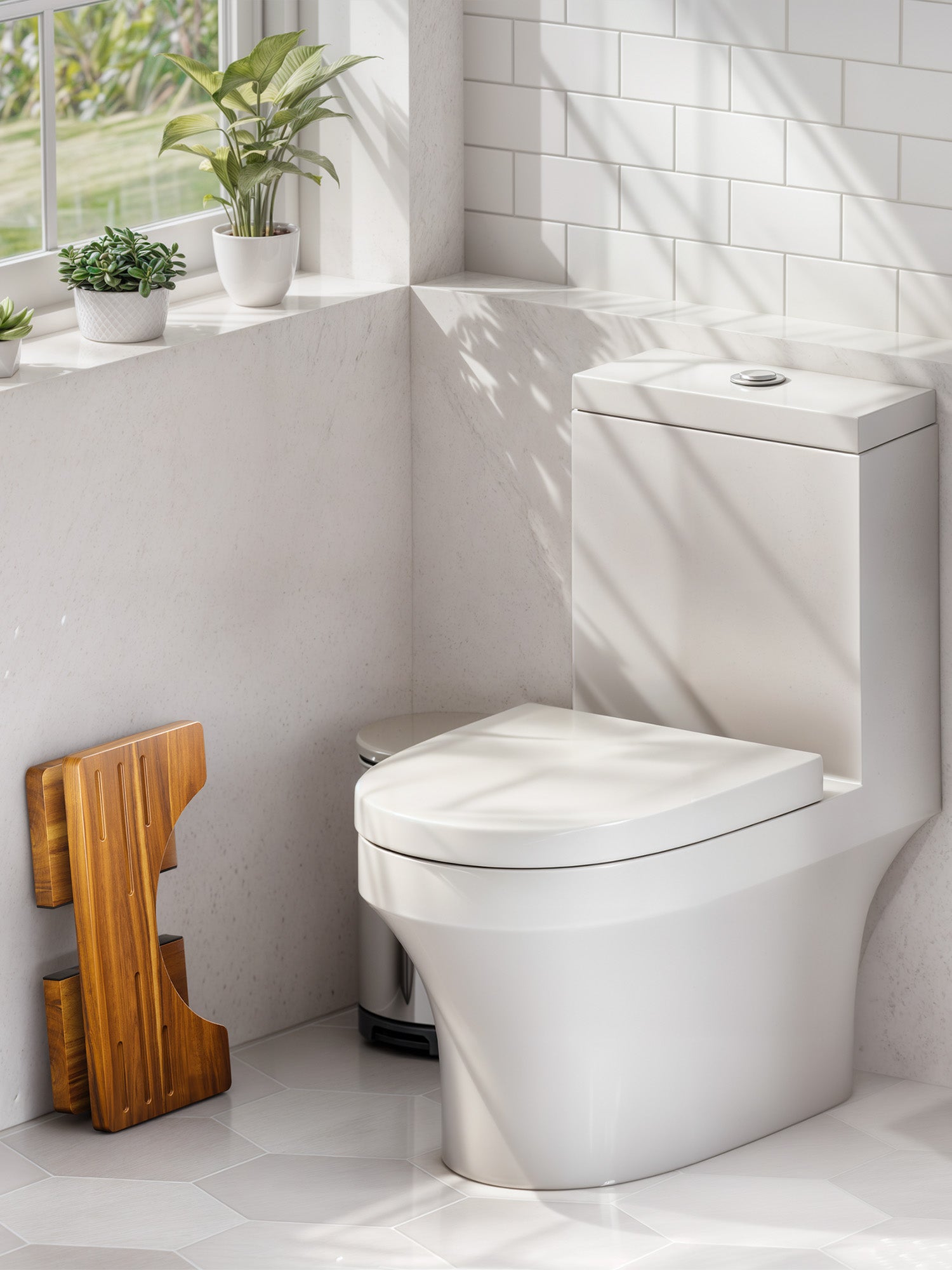 Modern white toilet in a bright bathroom with plants and a wooden stool.