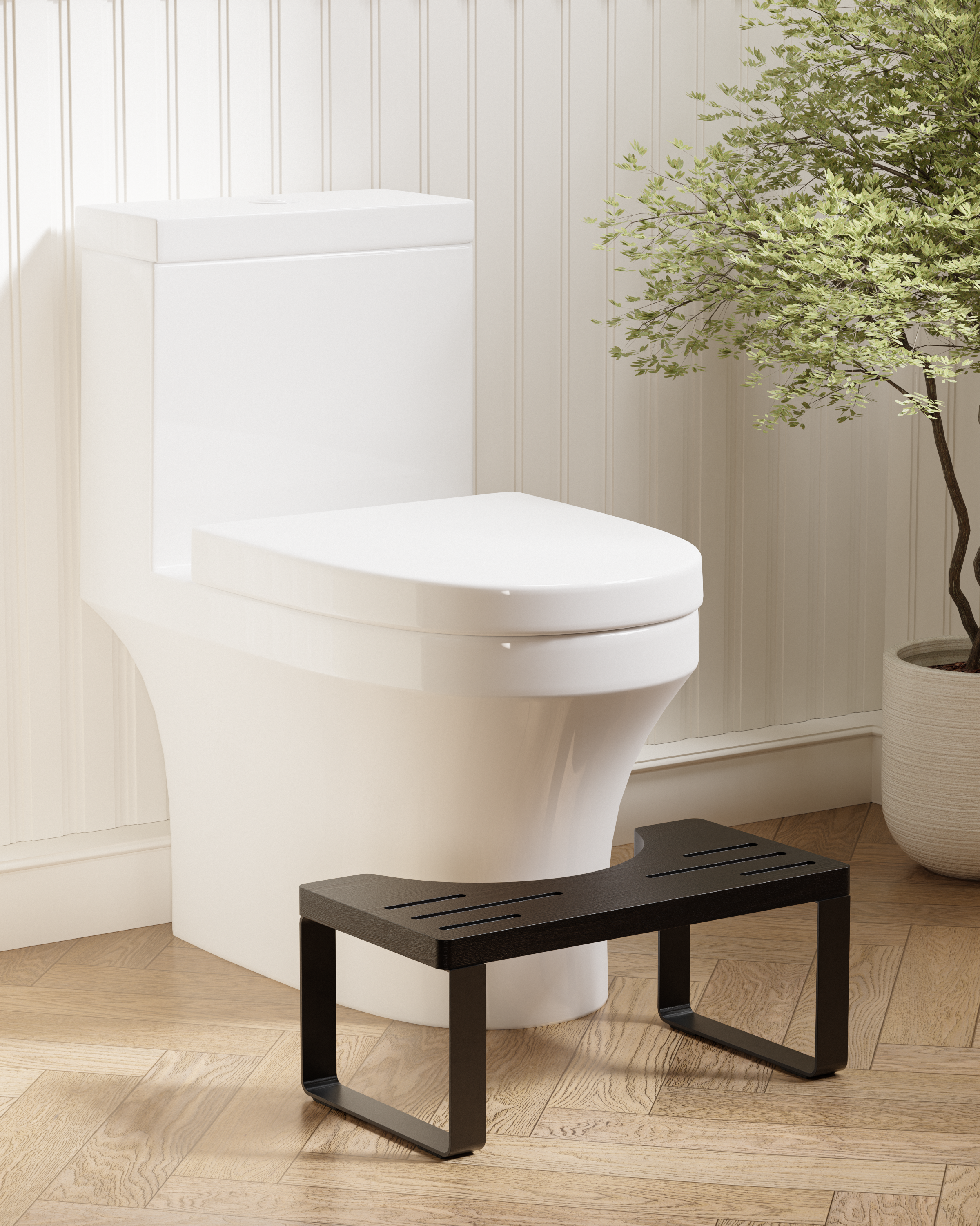 BLUEWEST Foldable Toilet Stool, 7 Inch Non-Slip Bathroom - Black Metal Legs - full black edition