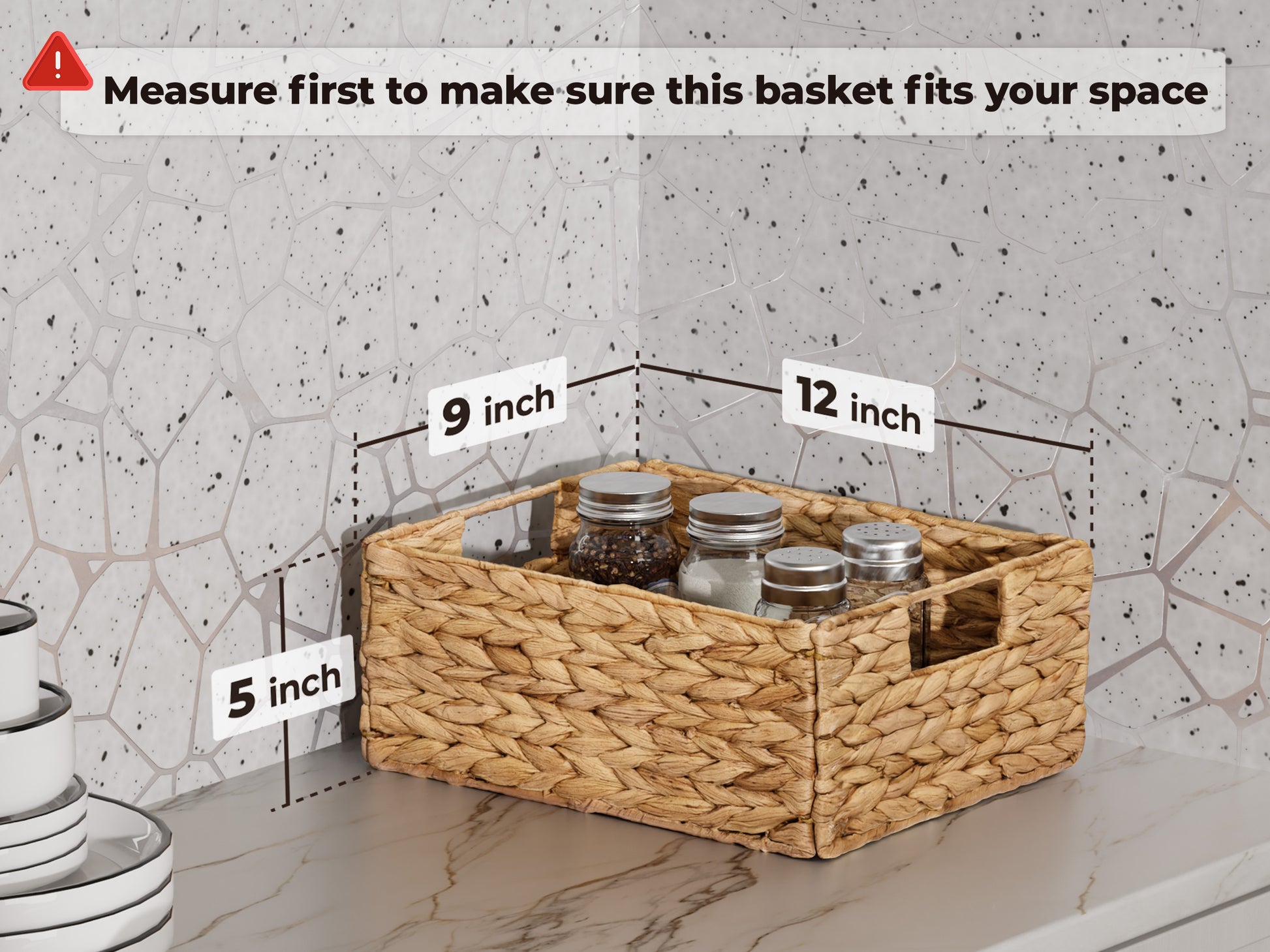 Woven storage basket with labeled dimensions on a marble surface.
