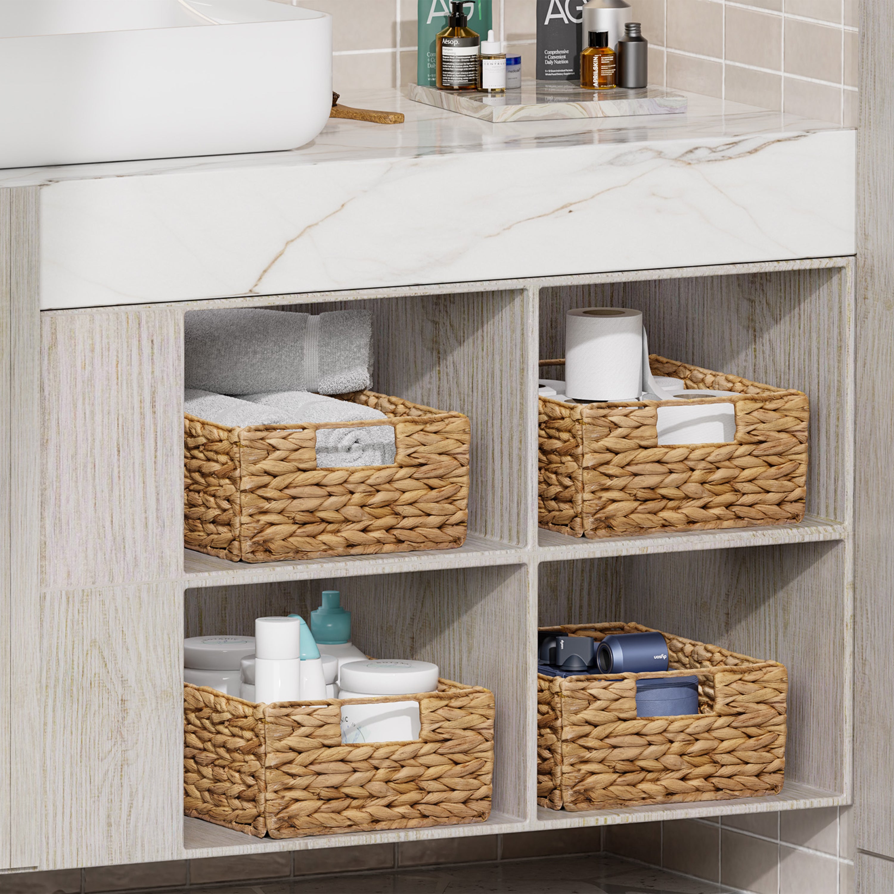 Bathroom vanity with woven baskets containing toiletries