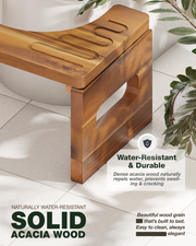 Wooden step stool on a tiled floor with text highlighting its water-resistant and durable properties.