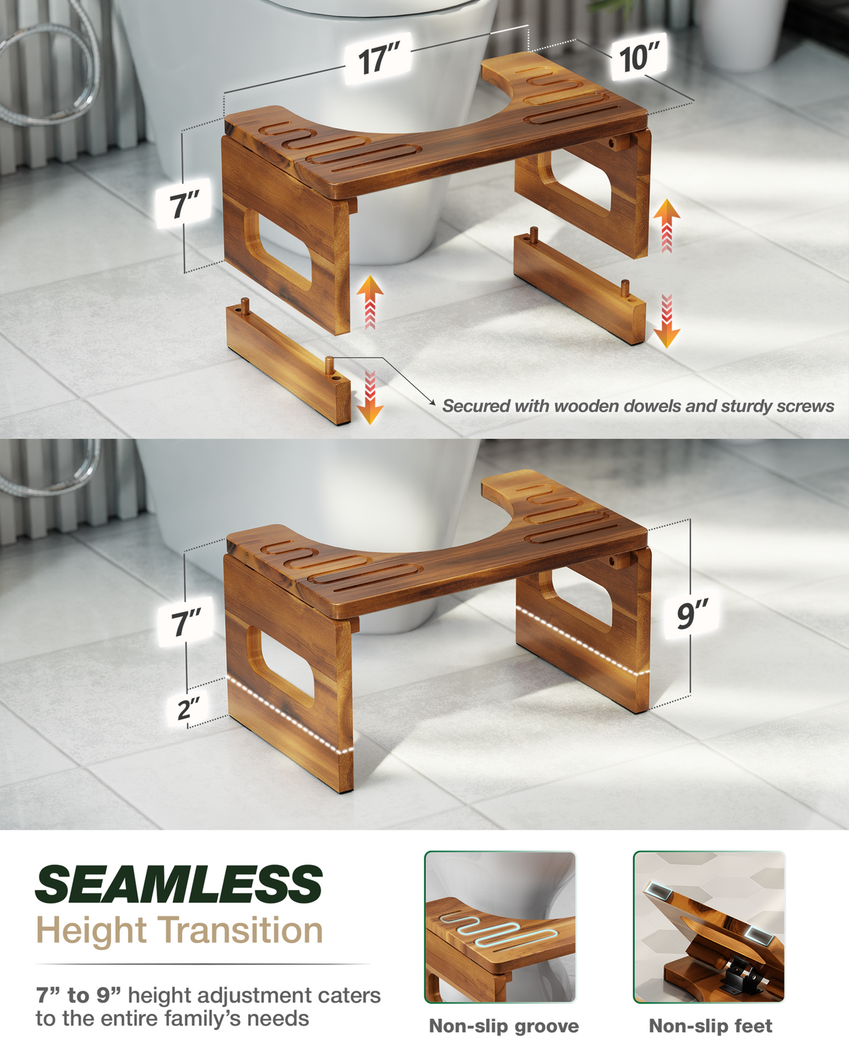 Wooden step stool with height adjustment features on a bathroom floor.