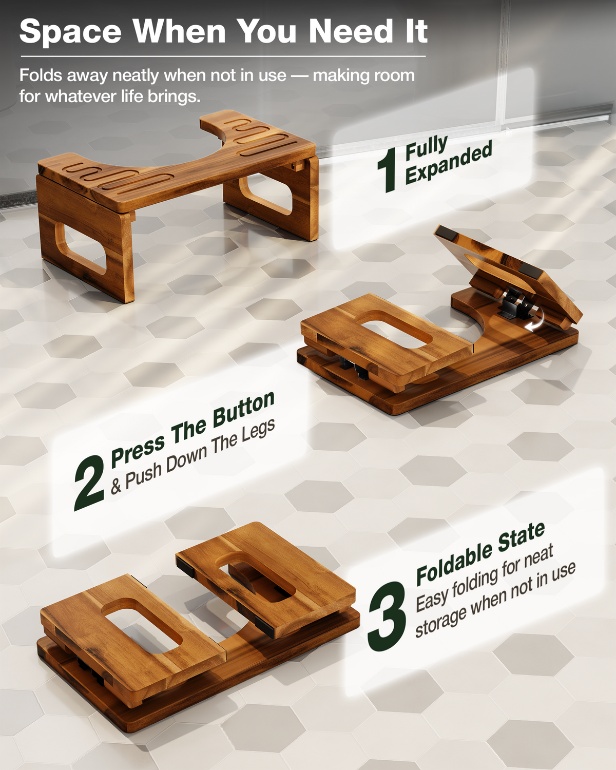 Wooden step stool with instructions on how to fold and expand it.