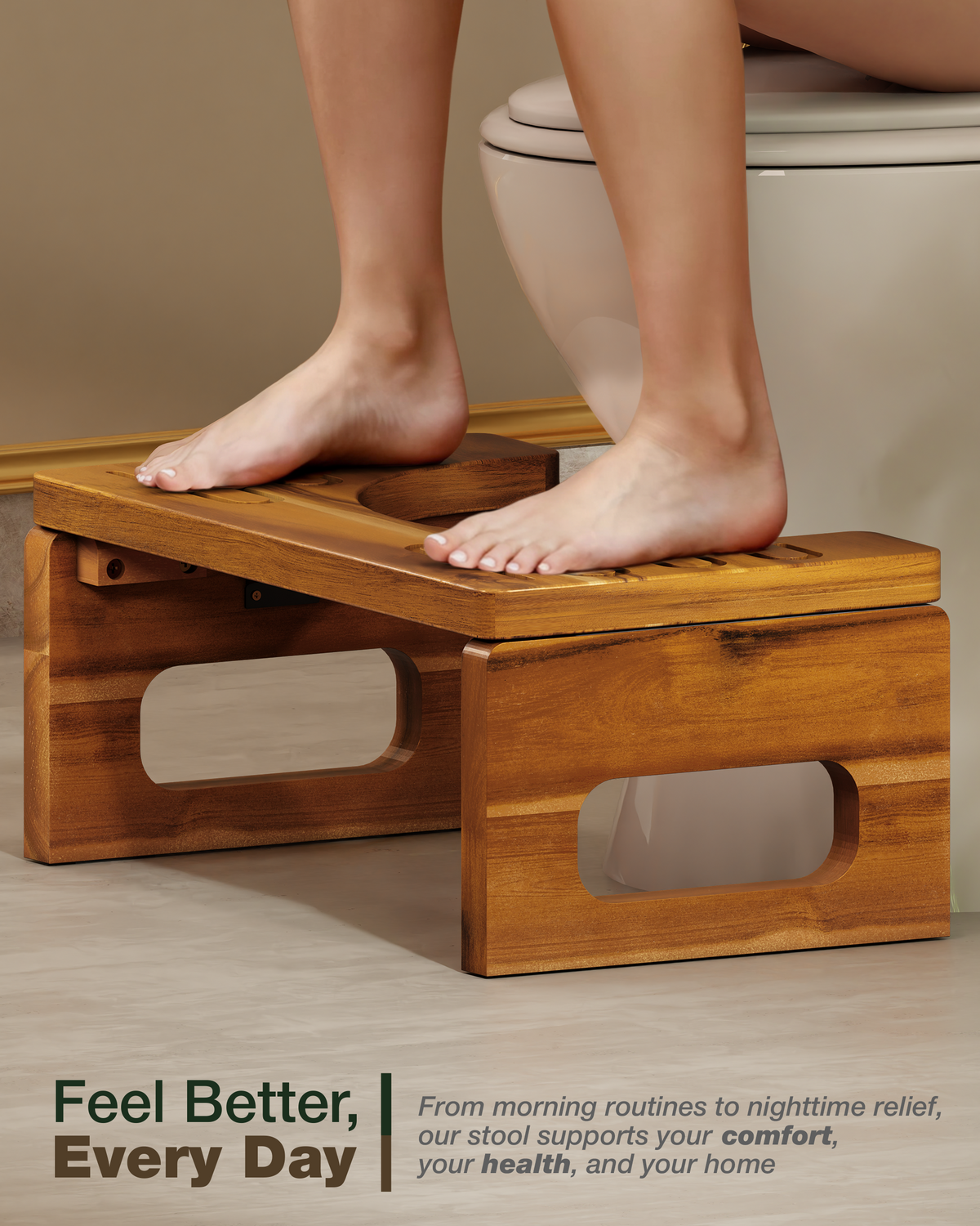 Wooden step stool being used by a person on a toilet, with promotional text about comfort and health.