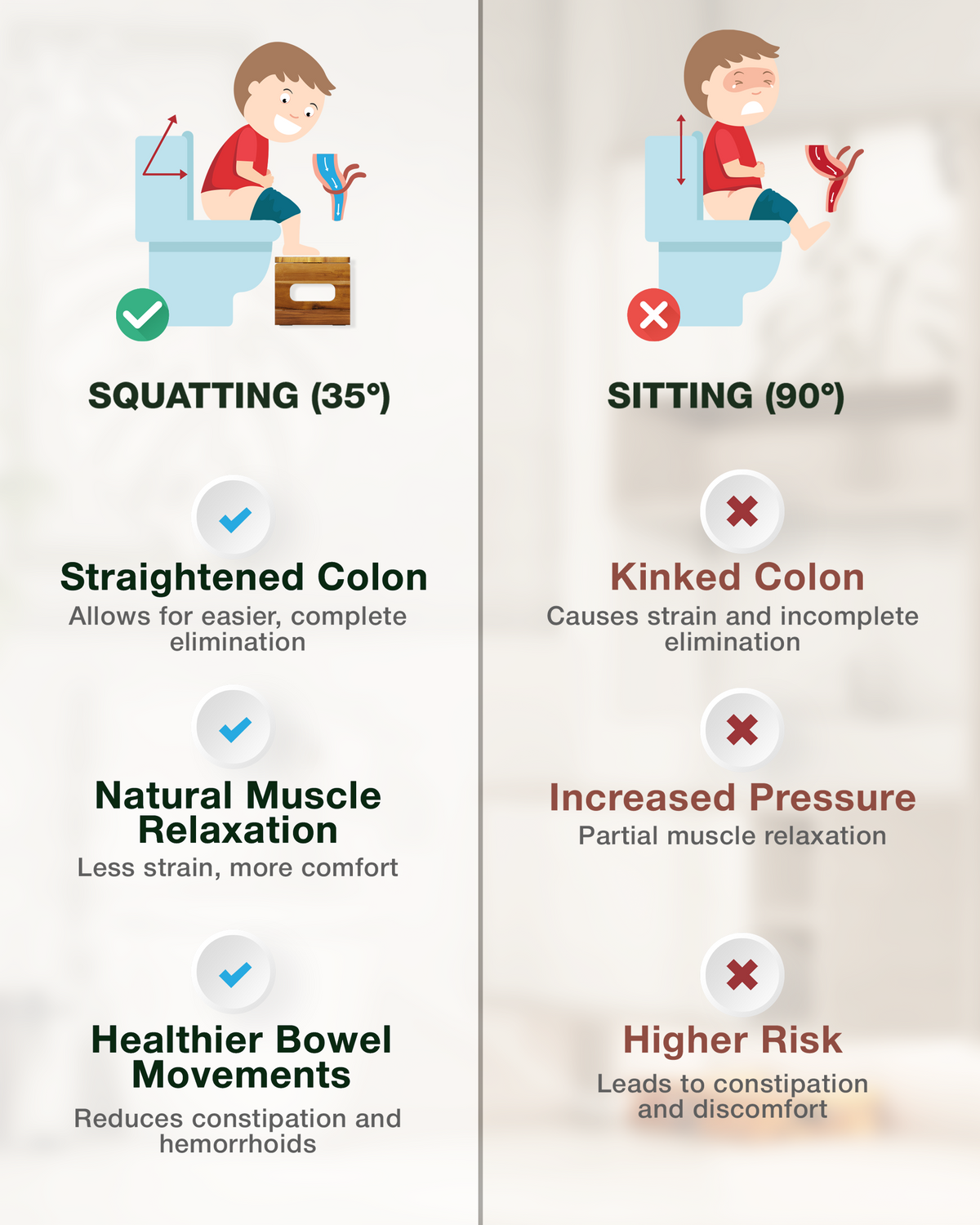 An infographic comparing squatting at 35 degrees versus sitting at 90 degrees for bowel movements. The left side, labeled 'SQUATTING (35°)', shows a cartoon boy squatting on a toilet with green checkmarks indicating benefits like a straightened colon, natural muscle relaxation, and healthier bowel movements.
