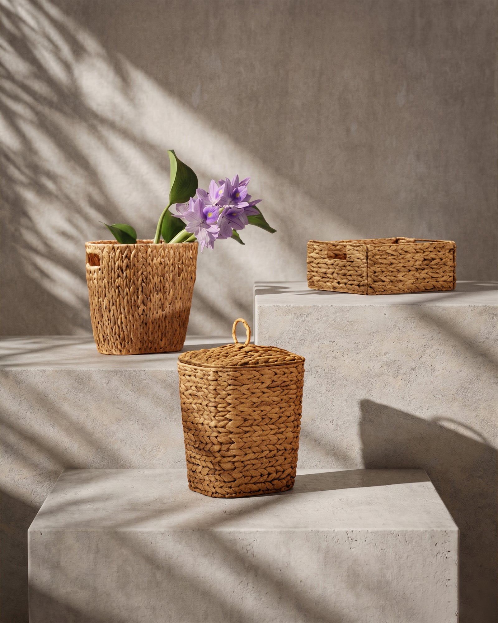 Woven baskets with plants on a concrete surface