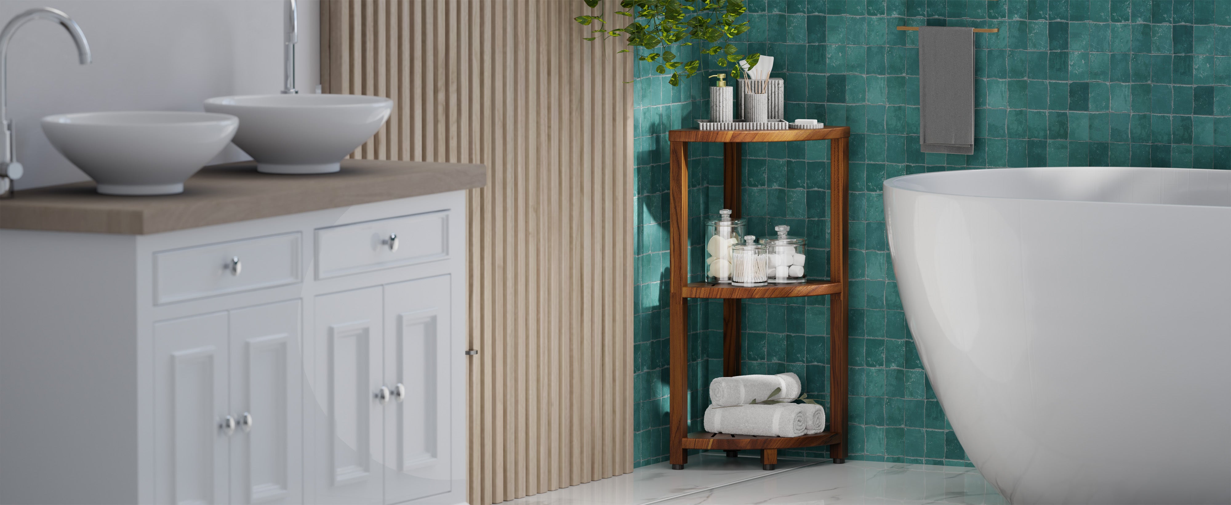 Bathroom with teal tiles, white sink, and wooden shelf.